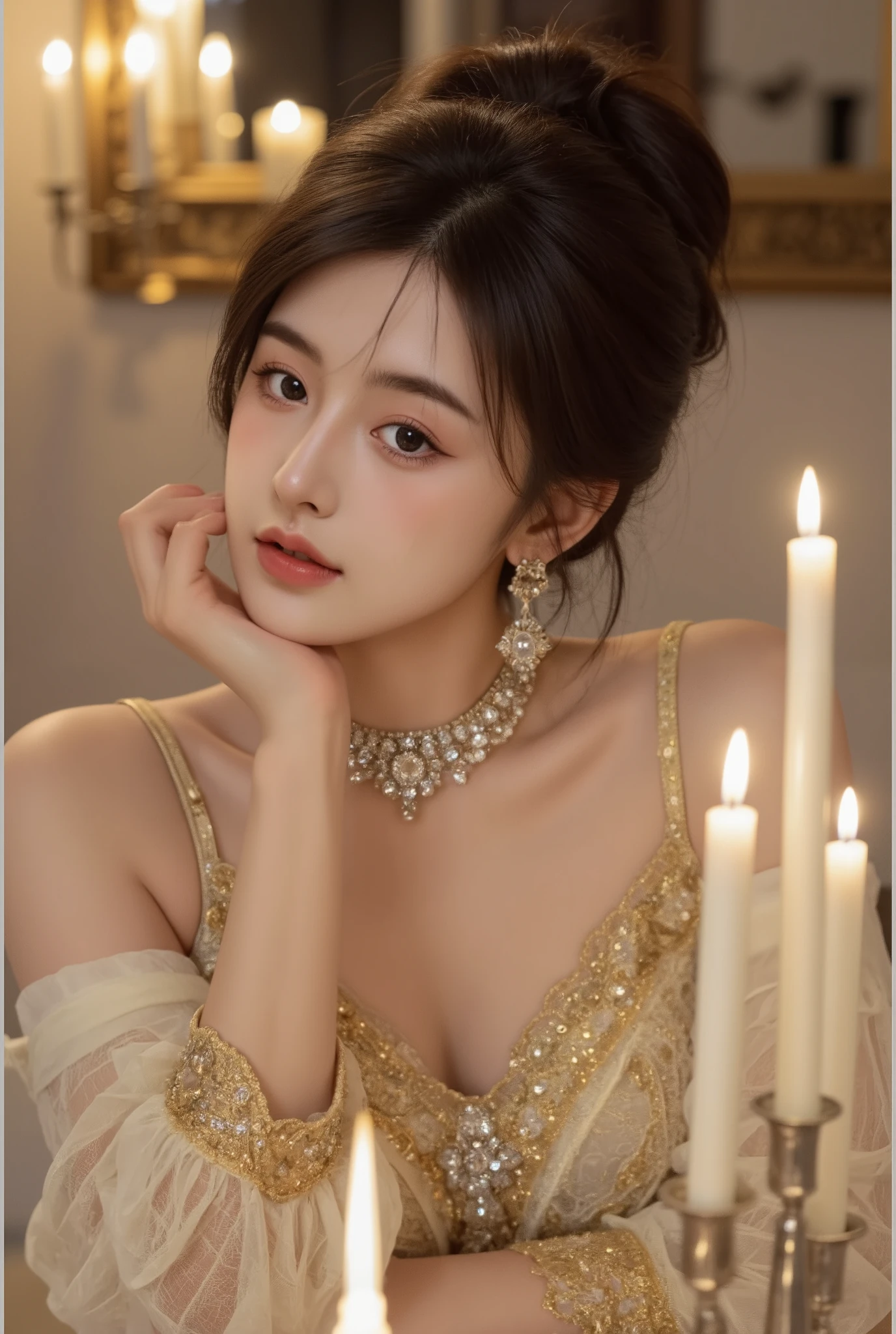Pose: The model is seated gracefully, resting her chin lightly on her fingers with a thoughtful, dreamy expression. Her gaze is directed slightly downward, creating an aura of elegance and introspection.

Hair: Her dark, wavy hair is styled in a sophisticated updo with delicate strands softly framing her face, enhancing her refined and timeless beauty.

Outfit: She wears an exquisite, gold-embellished evening gown with intricate lace details and a delicate, sheer neckline, radiating opulence and grace.

Accessories: A luxurious, ornate choker with sparkling jewels adorns her neck, perfectly complementing her regal look.

Setting: The background is illuminated by the warm glow of candlelight, creating a vintage, romantic ambiance that enhances the golden hues of her outfit and the softness of her expression.

