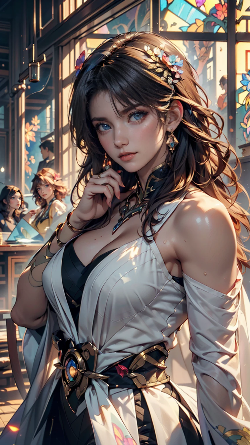 24 year old Caucasian female、Blue delicate eyes,Sexy proportions、Provocative facial expression、Cleavage Emphasis、Disney、snow white、Seven Dwarfs Background