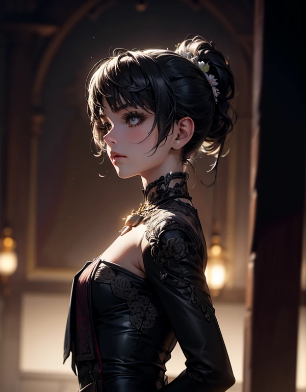 (Highly detailed CG unit 8k wallpaper, masterpiece, High resolution, highest quality, highest qualityのリアルテクスチャスキン), fashion pose:1.4, A cool NY fashion girl influenced by nostalgic and inorganic mode fashion., Asymmetrical short hair, detailed costume, fine embroidery, Coordination of high neck lace sleeve mini tight dress and lace gloves:1.3, ((blurred background, An empty alley in New York)), hyper realistic, digital painting, concept art,
