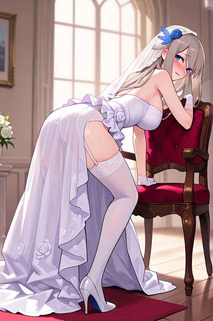 The 8k quality, Ultra-high quality rendering, High Quality Anime Bride, masutepiece, (Wide Angle), (Single Bride), (View from the back: 1.5), (White off-the-shoulder bride dress), (Back view of the bride), White transparent A veil, Platinum Blonde Hair, (Beautiful profile bride), The hem of her dress was rolled up, (Sheer white lace panties on her ass), White stockings, Bouquet of flowers in left hand, And the sofa in front of her.,chiaki_Gallo_Ai Wife