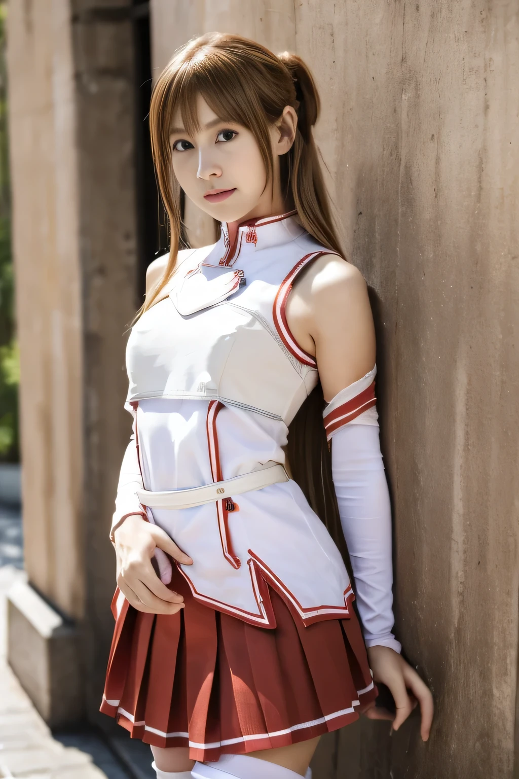 ( masterpiece, top quality, perfect anatomy, Hi-Res, 8k, natural skin texture, without makeup:1.2), 1 girl, Japanese, , female student, in a super cute , have smiling faces, ( Small breasts:1.2), (perfect figure1.2), and intimate , (ULTRA REAL: 1.4), RAW photos , realistic skin, very detailed, perfect anatomy, very detailed skin, Physically Based Rendering, camera, double eyelid , droopy eyes , innocent face, Cute Poses , (( full body photo)), ((( very small breasts: 1.4))), (clear areolas that are light brown), ( small ass),( slender body, small) cute face, black hair up to the shoulder , asuna, very long hair, skirt, asuna_first_uniform,  white thighhighs, Red pleated skirt, miniskirt, white shoes, bare nipples, bare chest 