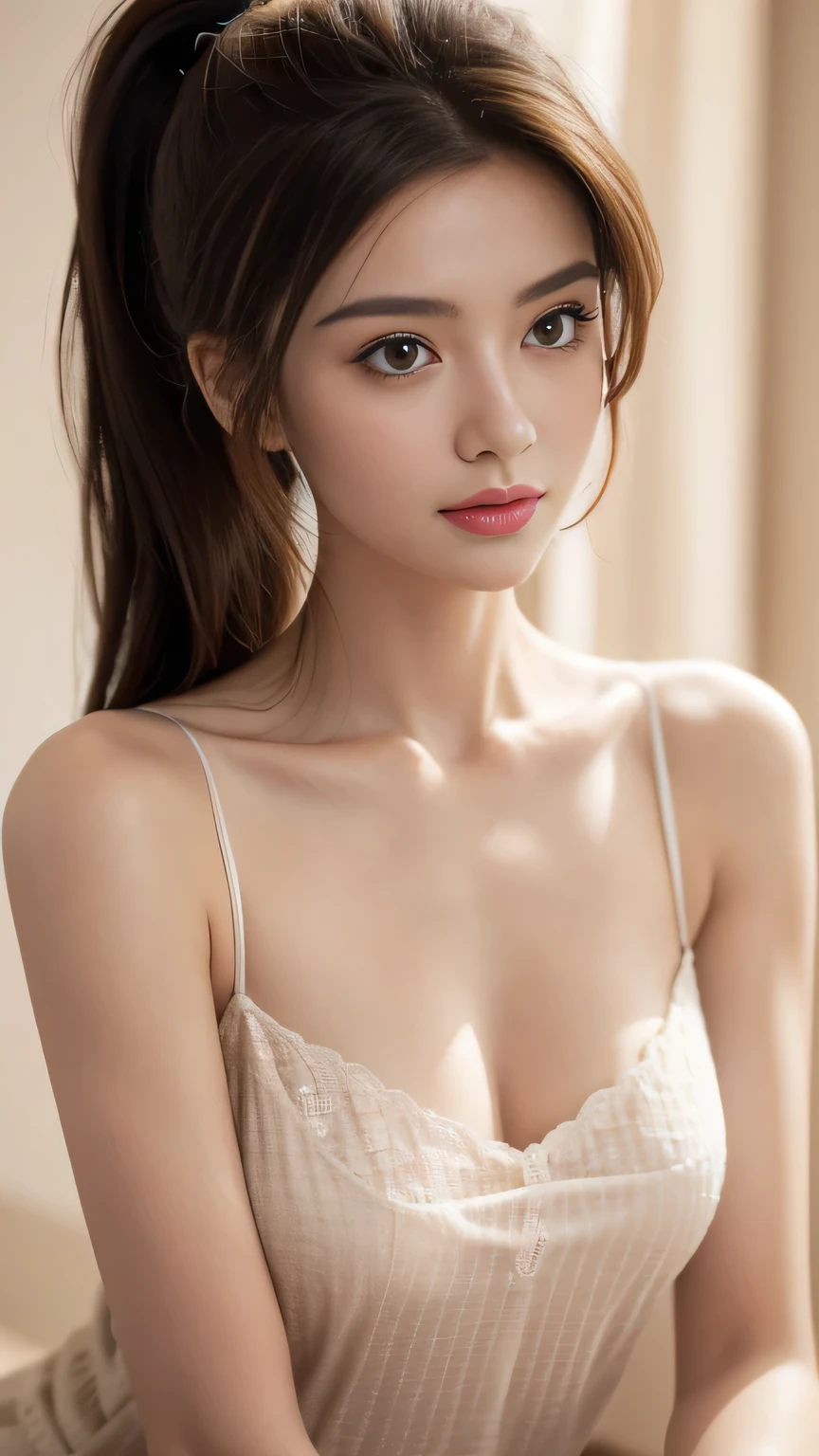 (masutepiece:1.3), High resolution, ultra-detailliert, the Extremely Detailed CG Unity 8K Wallpapers, Realistic, Photorealsitic, Raw photo, beautifull detailed face, pale skin, realistic glistening skin, Detailed Cloth Texture, detailed hair texture, Perfect body, Beautiful face, acurate, Anatomically correct, Highly detailed face and skin texture, Natural neck length, (Fair skin:1.2), thin legs, Thin feet, (Aligned teeth:1.1), Sweaty skin, BREAK, Detailed eyes, symmetrical eye, Light brown eyes, Double eyelids, Thin eyebrows, (Sleepy eyes:1.1), (Glossy lips:1.4), (Mouth waiting for a kiss:1.2), (blush:1.2), (Small hair accessories that sparkle:1.1), BREAK, (classy girl:1.3), (Wearing (doress:1.2) With a white floral pattern), BREAK, ((Close Up Shot:1.2)), medium breasts, Slender figure, Firm abs, ((up do hairstyle, Dark blonde hair, Wavy Hair, Long hair:1.1)), ((asymmetric bangs:1.2)),