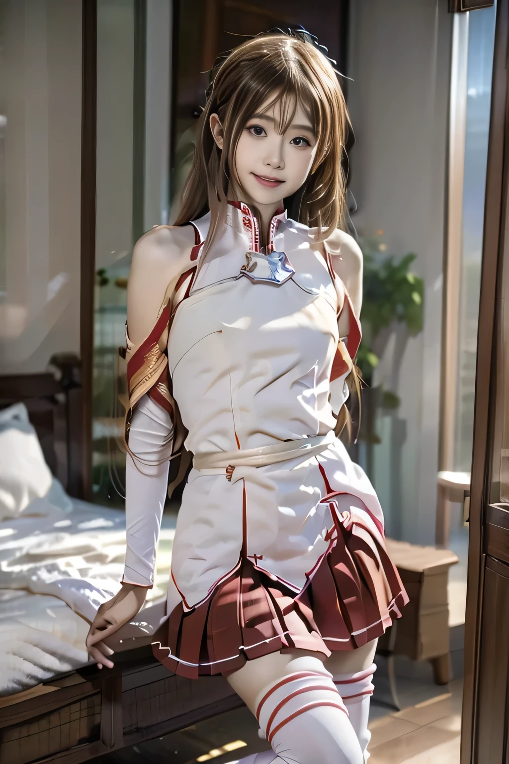 ( masterpiece, top quality, perfect anatomy, Hi-Res, 8k, natural skin texture, without makeup:1.2), 1 girl, Japanese, , female student, in a super cute , have smiling faces, ( Small breasts:1.2), (perfect figure1.2), and intimate , (ULTRA REAL: 1.4), RAW photos , realistic skin, very detailed, perfect anatomy, very detailed skin, Physically Based Rendering, camera, double eyelid , droopy eyes , innocent face, Cute Poses , (( full body photo)), ((( very small breasts: 1.4))), (clear areolas that are light brown), ( small ass),( slender body, small) cute face, black hair up to the shoulder , asuna, very long hair, asuna(sao) costume ,white clothes, sleeves, skirt, asuna_first_uniform, white thighhighs, Red pleated skirt, miniskirt, white shoes, bare nipples, bare chest , 手ブラ