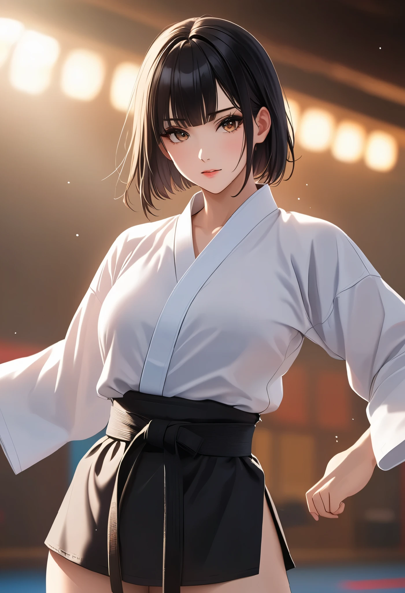 （（ big breasted))、((( front open shirt))、(((Empty-handed)))、(  black hair)、(blunt bangs)、( short hair)、( wet hair)、(Women&#39;s Karate)、(( sweaty))、( Glowing Skin )、((Serious))、(( blanking))、(((Karate Dojo)))、((Delicate Paintings ))，( Masterpiece elaborate RAW photo :1.25), ( top quality:1.6), (  Ultra High Resolution :1.5), ( by Nomi:1.75),  8k resolution for kindergarten ren,  Canon EOS R5 , 50mm, Abs urd,  very well detailed,Cinema Lighting、