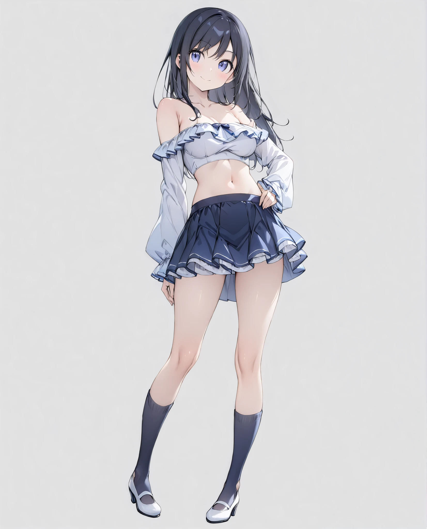 ( girl),( alone),

 masterpiece、  high quality 、  high res、
 grey background、
(  from head to toe :1.5、 full body view:1.5)、In the center:1.2、

Ayase Aragaki,  long hair,   blue eyes,  black hair, 

(  so beautiful:0.9)、(  very cute :0.9)、
(round face)、(Brighten Your Face:0.7)、( very detailed face)、(round face)、
( Detailed face:0.7)、(high nose:1.0)、(smile)、
Round Breasts、

  Read more 、  slender figure、  perfect five fingers 、
( white skin)、  smooth skin 、 

break
( White Off Shoulder Top with Ruffle Sleeves )、
  dark blue miniskirt 、Blue knee-high socks 、
White pumps、
 detailed clothing、

 bright color、Delicate fabric、

 Watch viewers, 

Slight Body ,
 medium boobs,
 petite height,

( alone Focus:1.0),
( standing:1.5),
( seductive poses:0.2),

(  full body shot :1.5), 
( from the front :0.7),

( No Background),