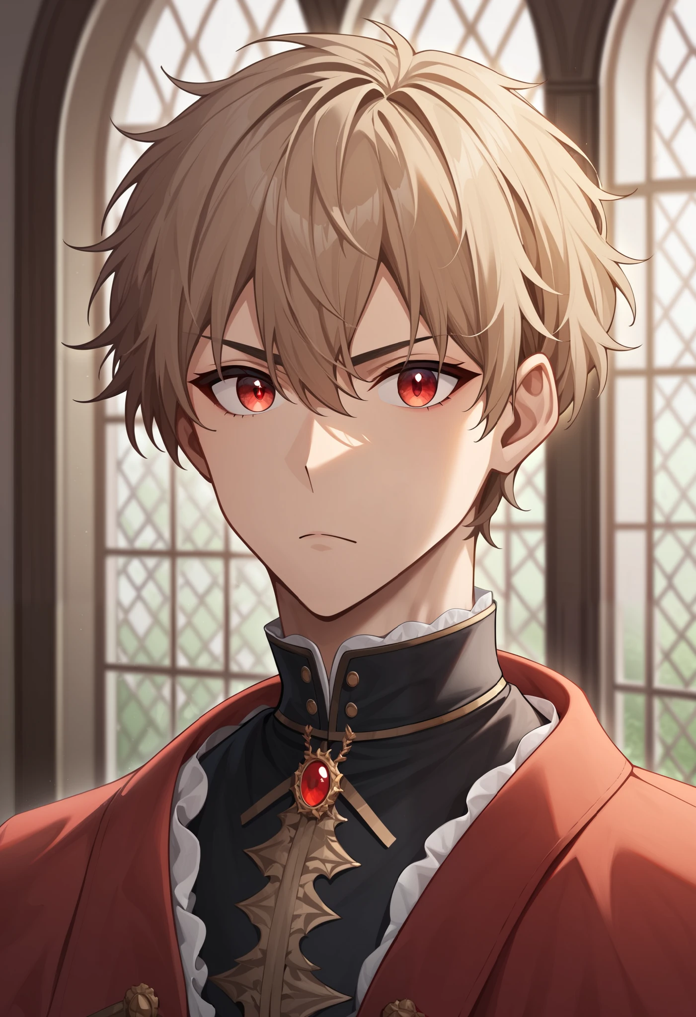 Masterpiece, Best Quality, Ultra-Detailed, 1man, athletic, large shoulders, thick neck, light brown hair, fluffy hair, short hair, red pupils, very beautiful and detailed eyes, very detailed eyes, victorian style clothes, medieval style clothes, overcoat, dark red overcoat, social shirt under overcoat, black social shirt, serious face, medium shot:1.0, high resolution:1.2, best quality, master part, daylight, Reflection of lens, upper body shot, looking front.