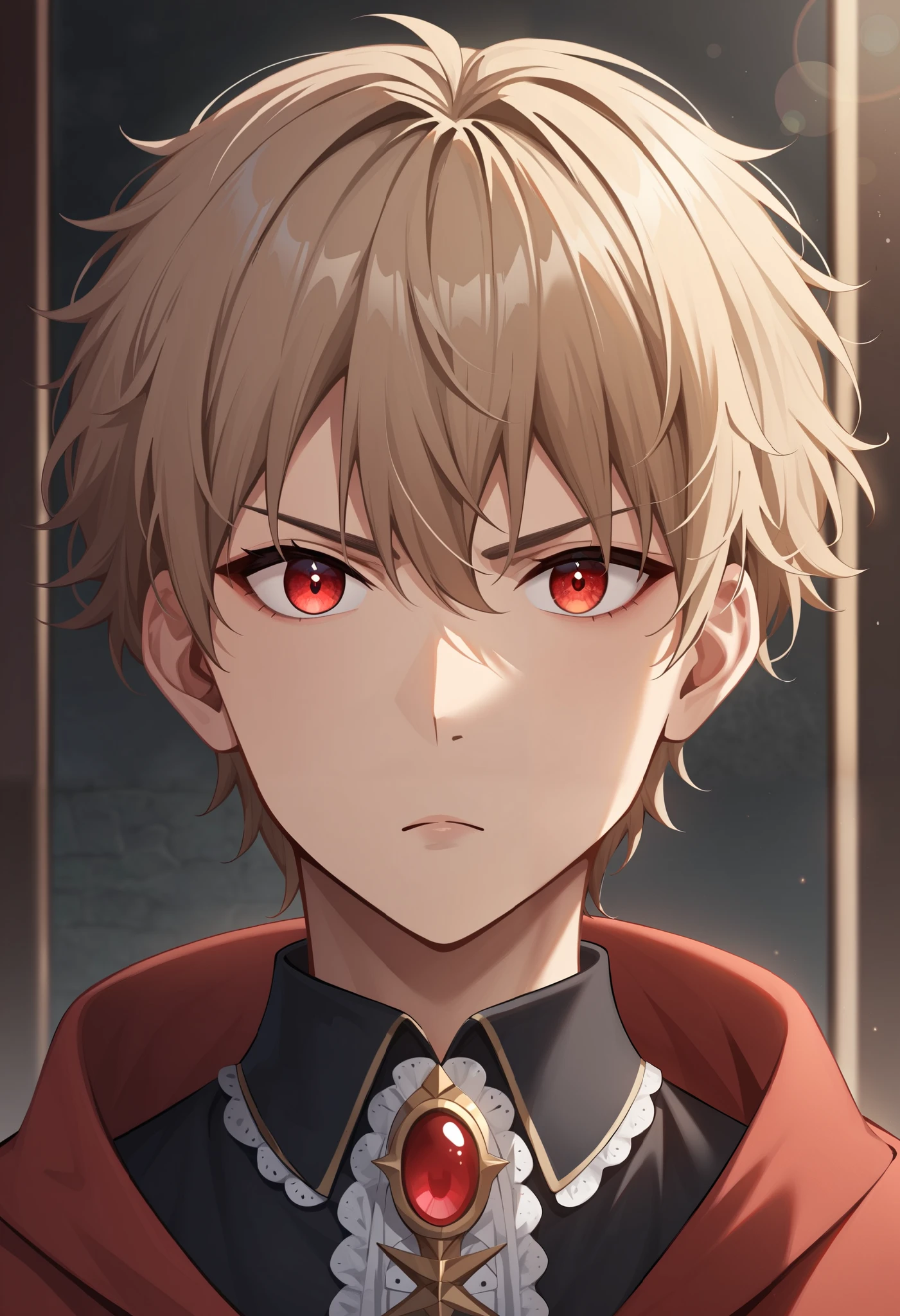 Masterpiece, Best Quality, Ultra-Detailed, 1man, athletic, large shoulders, thick neck, light brown hair, fluffy hair, short hair, red pupils, very beautiful and detailed eyes, very detailed eyes, victorian style clothes, medieval style clothes, overcoat, dark red overcoat, social shirt under overcoat, black social shirt, serious face, medium shot:1.0, high resolution:1.2, best quality, master part, daylight, Reflection of lens, upper body shot, looking front.