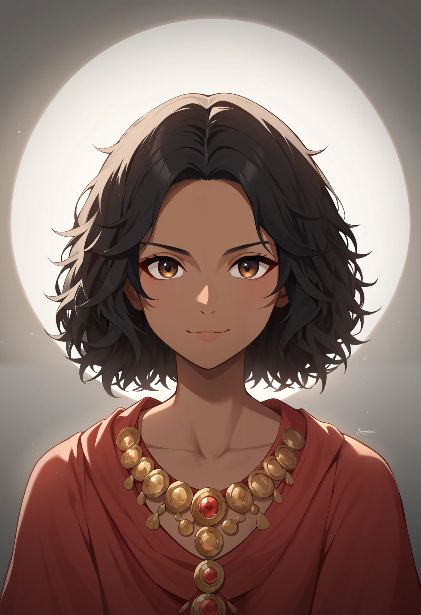 Masterpiece, Best Quality, Ultra-Detailed, 1girl, young, skinny, tanned skin, brown skin black hair, fluffy hair, brown pupils, very beautiful and detailed eyes, very detailed eyes, red gypsy clothes, serious face, neutral smile, medium shot:1.0, high resolution:1.2, best quality, master part, daylight, Reflection of lens, upper body shot, looking front.
