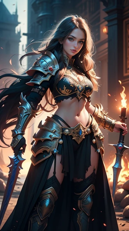 1girll, 8K quality，full bodyesbian, Mage style, Sexy goddess，The facial features are delicate and beautiful，Red long-haired，Fairy stick in hand，wands，Stand high，der riese，Architectural view of the ancient castle，blueglow，dark stormy clouds，Sky spaceship，Multiple planets，The setting sun burns the clouds，Jupiter，Mards，Tornado，Flaming，Goddess Mage，Large bearings，Stone dragon wall，Full of gold treasures，Gold and silver jewelry，Ultra-futuristic spaceship combat vehicle。