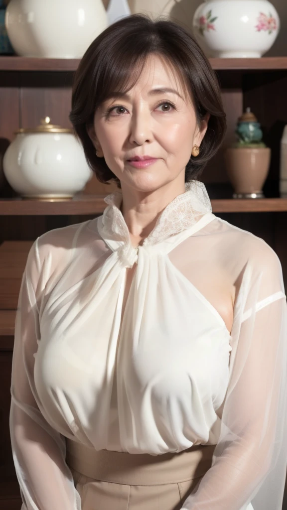 high definition, high definition, Attention to Details , masterpiece, anatomically accurate , sharp, (( Japanese,Mature Woman)),(80 years old:1.5),(old woman:1.4),(( facial wrinkles)), white skin, Long light brown hair , bangs,(((stand up,))),View photographer , looks straight ahead,( sheer blouse :1.3),( tight skirt :1.1),Inside the warehouse,( serious expression:1.3), Middle-aged obesity ,(Long face:1.2),(Ordinary housewife:1.3),