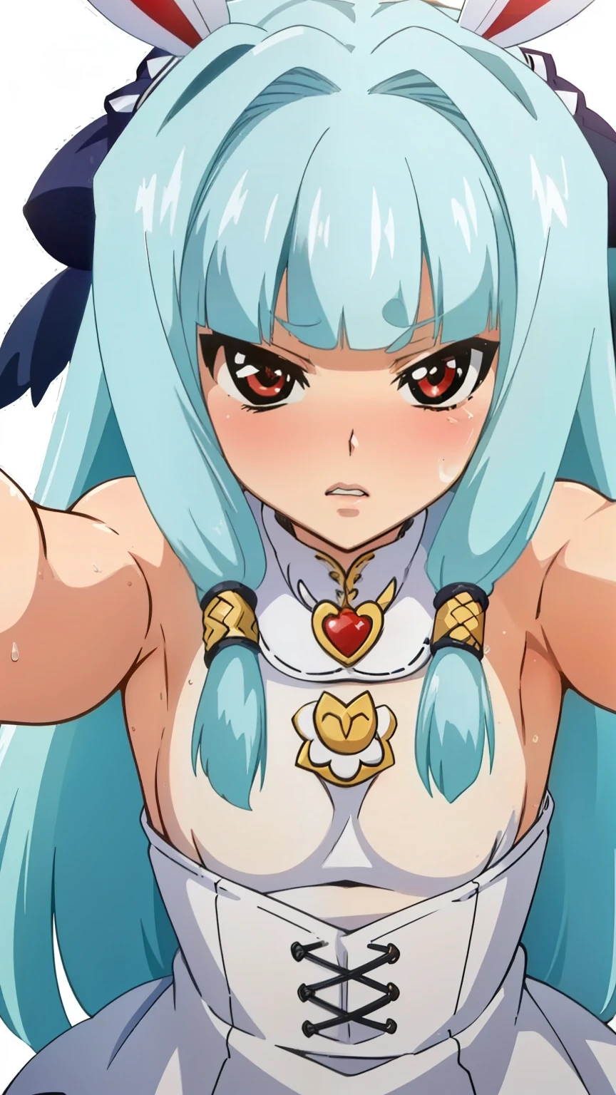 (Top quality, masterpiece, 8k), (Realistic skin texture), (anime coloring), very detailed, (perfect hiar style), beautiful eyes, perfect eyes, detailed eyes, perfect eyebrows, perfect face, detailed face, perfect hairstyle, ultra-detailed, detailed eyes, symmetrical eyes, sharp details, oboro,1 girl,(ta:1.6), silver hair, long hair, (((slim body))), (small breast), (thin thighs), (((short stature))), red eyes, (bad mood:1.3), beautiful eyes, hair cuffs, hair accessories, hair flaps, bunny ears, blunt bangs, solo, nffsw, (point of view, kiss, peck lips, round lips, incoming kiss, outstretched arms), (blushing, bearish:1.4), (upper body), looking at the viewer, in the center of the image, dynamic angles,
