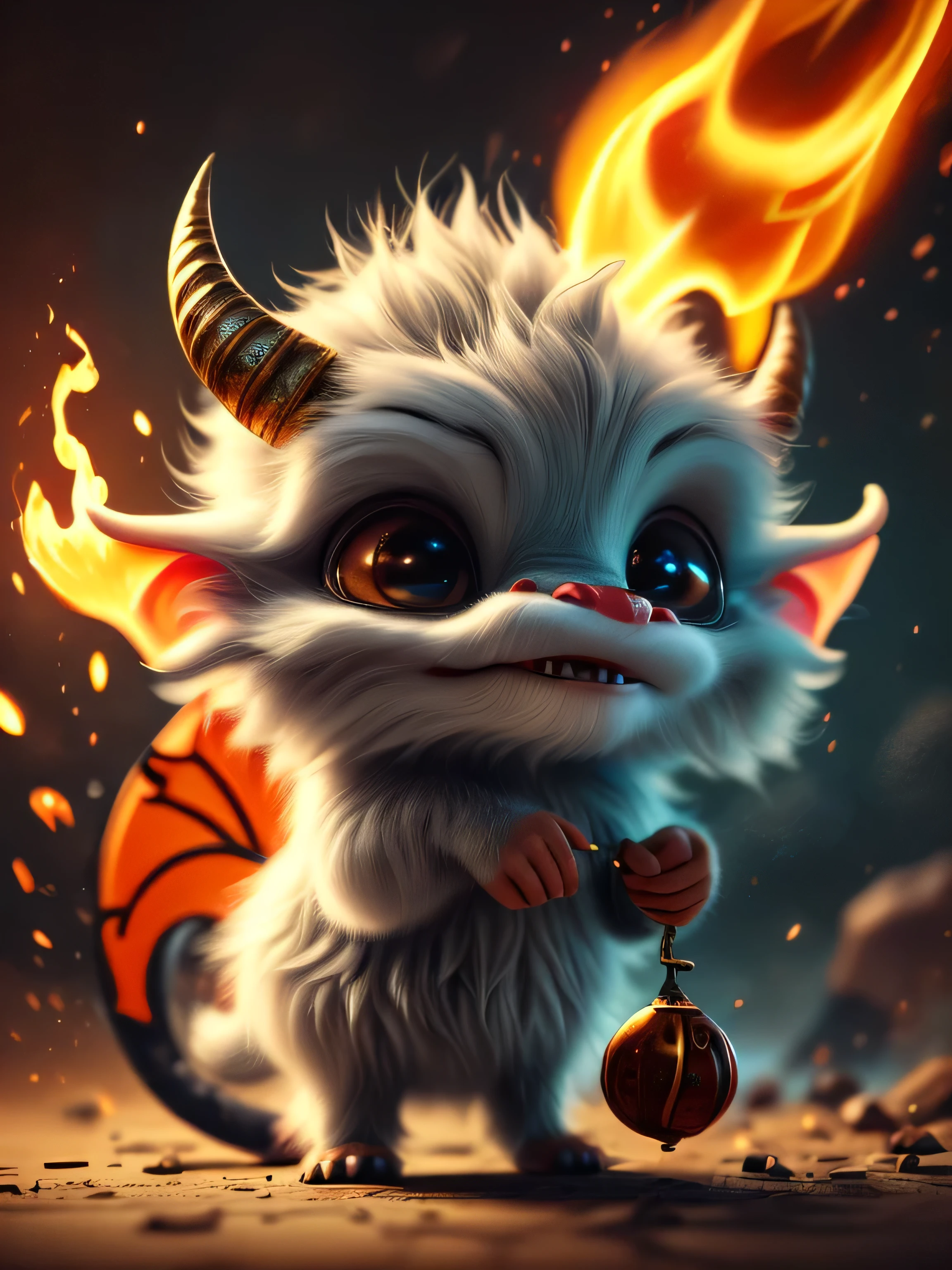 Realistic airbrush illustration, hyper-realistic acrylic airbrush illustration, a very cute little imp with horns and a tail. He is dressed in dark colors and has a mischievous and slightly sinister expression on his face. A small trident or fireball to his hands. The background dark and mysterious, with shadow and fire. Octane Rendering, Grain, Noise, Conceptual Art, Detailed Painting, Digital Illustration, Hyper-Detailed Fantasy Art, Digital 3D Art, Sharp Focus, Masterpiece, Fine Art