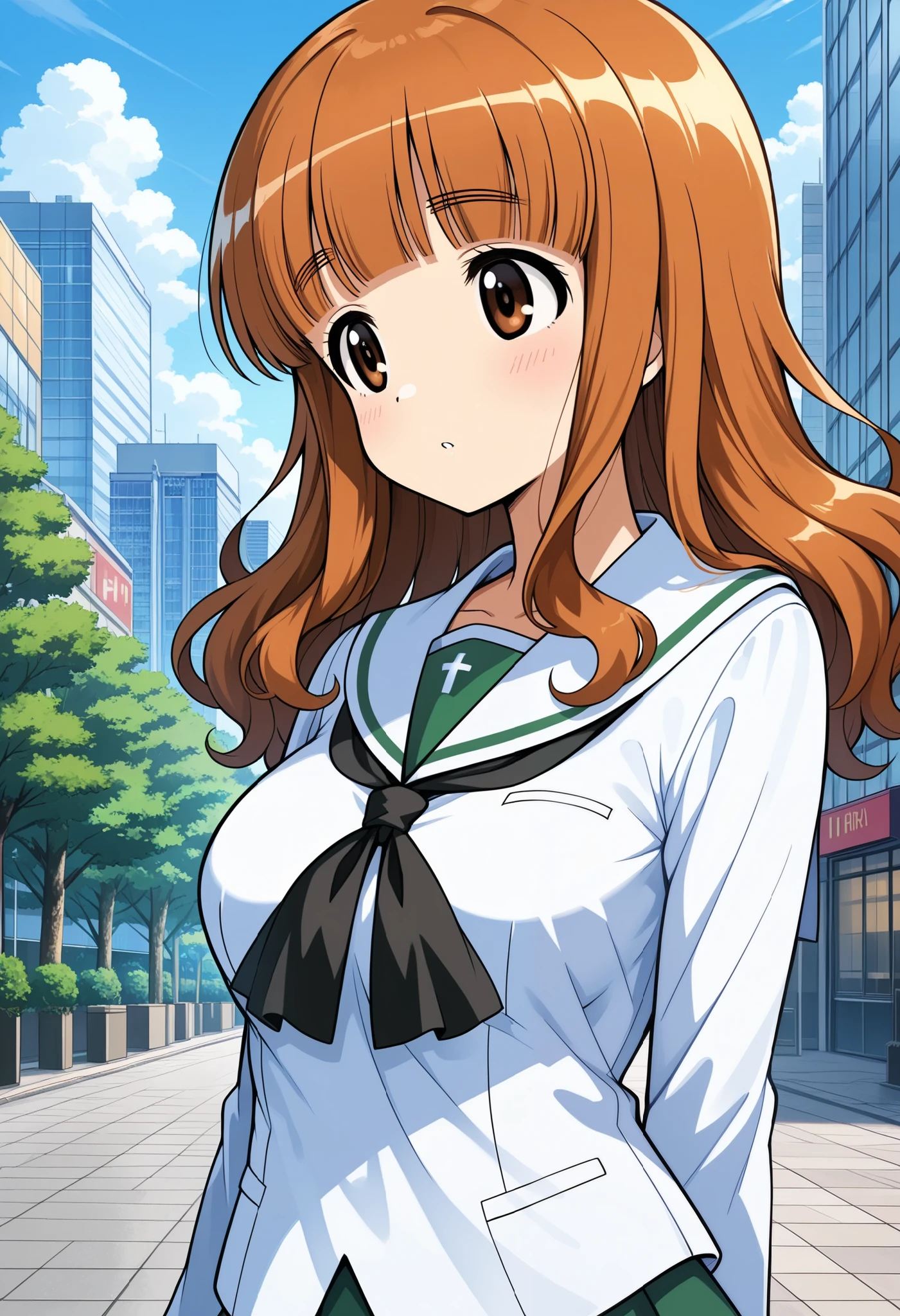  high res,  top quality,  Super Quality  , Takebe Saori , ( animated illustration style:1.2), beautiful brown eyes, Attractive brown eyes、 orange beautiful hair、Uniform up、 ( Oarai school uniform :1.3),White sailor collar,  black neckerchief ,  white shirt,  Long Sleeve  , Green Skirt 、 outdoor、Harajuku、Shinjuku、building,開いた口