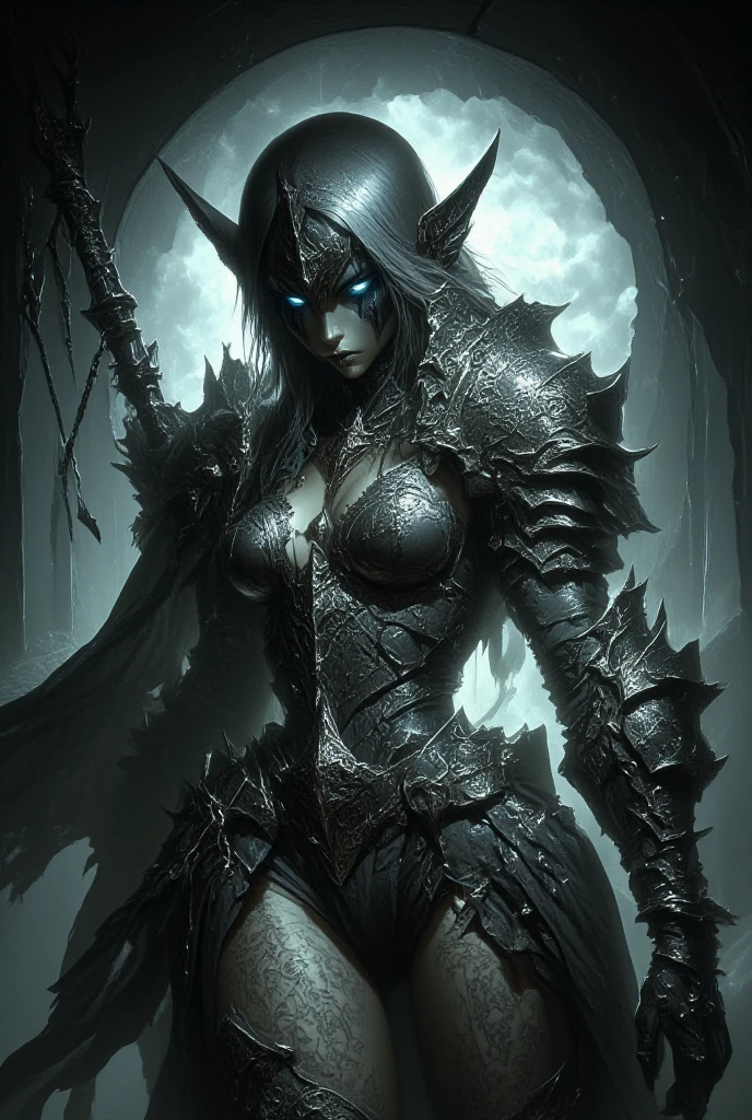 Uma imagem retrata Sylvanas Correventos, a Rainha Banshee, em todo o seu esplendor sombrio e misterioso. She is surrounded by an aura of fog and shadows, which underscores its imposing presence. Seu olhar penetrante, Enigmatic and mildly challenging, reveals a mixture of determination and calculated cunning.
Sylvanas is depicted wearing black armor adorned with silver details, that reflect its leadership position. His dark and sinister bow is wielded with confidence, demonstrating his skill as an accomplished archer. His posture is elegant and powerful, showing his indomitable leadership ability.
Ademais, The image also captures the duality of the character. In contrast to its gloomy appearance, The feathers of a majestic white bird are falling around you, symbolizing her connection to nature and her ancient identity as a Night Elf.
No fundo da imagem, we glimpse dark and menacing landscapes, with stormy clouds and a darkened sky. This melancholy and frightening atmosphere reflects Sylvanas' journey, envolvendo perdas, Betrayals and the Quest for Power.
Essa imagem captura a complexidade de Sylvanas Correventos, highlighting his enigmatic personality, Relentless determination and formidable skills. It represents the duality between darkness and light, revenge and the desire to protect his people, providing an intriguing glimpse into the captivating character of this character.