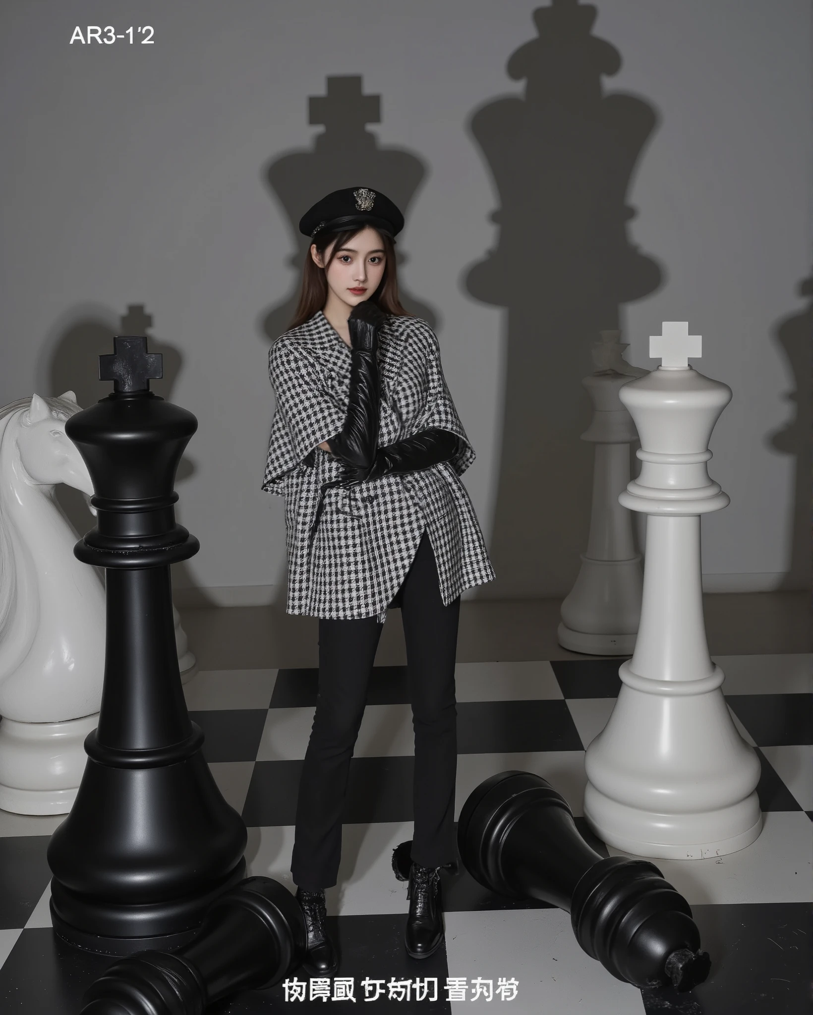 A woman standing on a giant chessboard surrounded by oversized chess pieces. She is wearing a black and white houndstooth cape coat with a flared asymmetrical hem over black fitted pants. Her gloves are long and glossy black leather, and she holds one hand elegantly near her face. She wears a black military-style beret with a shiny visor, and her hair is styled sleekly behind her ears. The background features dramatic shadows cast by the chess pieces, enhancing the monochrome, high-contrast atmosphere. The setting is minimalistic yet surreal, with a strategic play of light and shadow. --v 5 --ar 3:4 --q 2 --style 4c