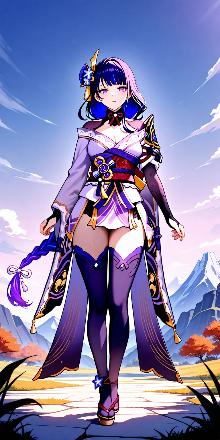 (Masterpiece), 1girll, full body,(Raiden Shogun:1), Soft lighting,Purple hair,Purple eyes, Detailed eyes,Large of breast, Braid, braidedponytail,bangs, hair adornments,ultra - detailed, Japanese clothes, Long sleeves,Wide sleeves, komono, sash, Redsash, Thighs,black thighhigns,High heels,Highly detailed, Beautiful, small detailed, Ultra detailed, Best quality, Intricate, hyper photorealism, Sharp, Digital illustration, Detailed, Realism, Intricate, 4K, 8K, Good anatomy, Beautiful lighting, Award-winning, Photorealistic, Realistic shadows, Realistic lighting, Beautiful lighting, Ray traching, Intricate details, Moody, Rule of thirds, Masterpiece, (illustration:1.1), A high resolution, (Extremely detailed CG, Unity, 8K wallpaper:1.1), Beautiful face, Highly detailed face, Ultra photo realsisim, Masterpiece, Bokeh, Extremely detailed, Intricate, zoomout, Colorful, Vibrant colors, Side view,Outdoors,(Lake, Mountains, Cloud, Blue sky, Sunset),Japanese architecture,view the viewer,(ulzzangs:0.28)