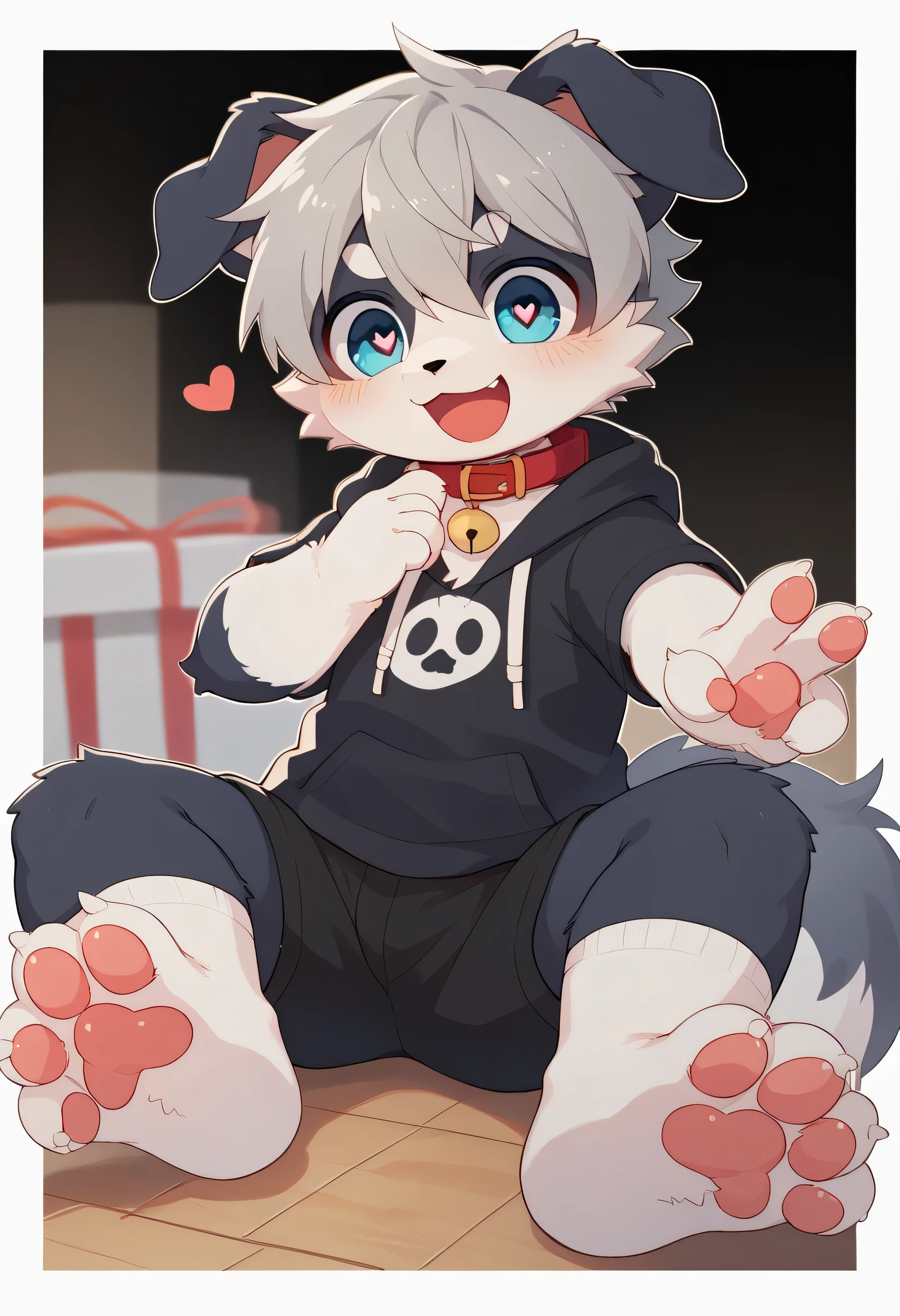 very well detailedな, very well detailed,border collie fur ,,Gray Hair,male, excited to look at the bones ,border collie fur , excited,Participation, cute face,Black nose ,nose,Show me your legs ,Horny Male , red collar on the floor,Cute ears ,Fluffy ears ,Fluffy ears , show me your legs , show me paws , 手に red collar on the floorと紐を持っている, cute fur Male , Male , heart eye ,Horny Male , Black Back , white background, blush nose , alone, droopy ears, black shorts, Black Short Sleeve Hoodie