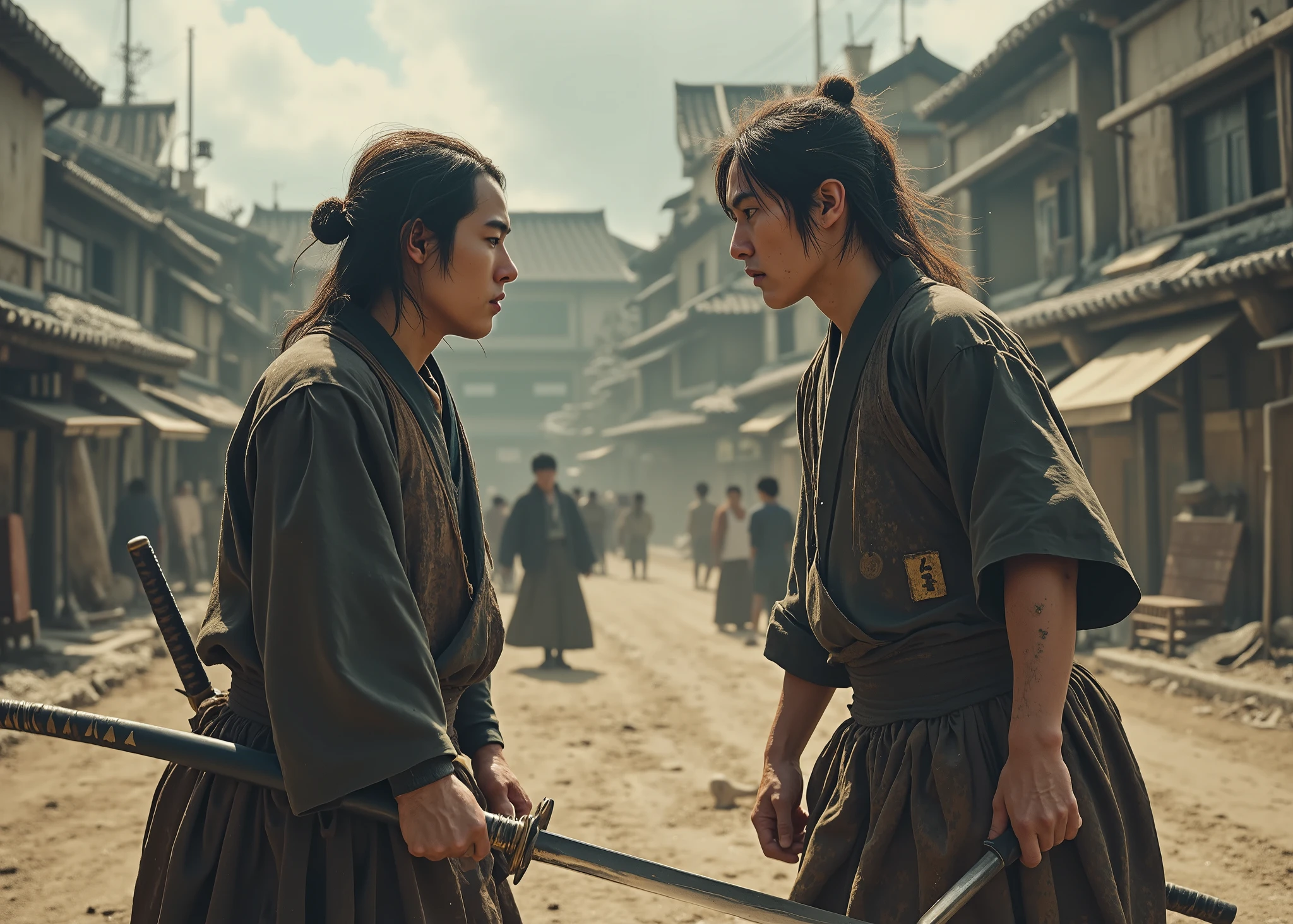 Japanese、, an old ronin from the Edo period 、A dingy samurai 、Two people are in a duel with Japanese swords in a rough square、 with unkempt hair wrapped around his head、 dirty face 、Dirty clothes、dust、Kurosawa Pictures