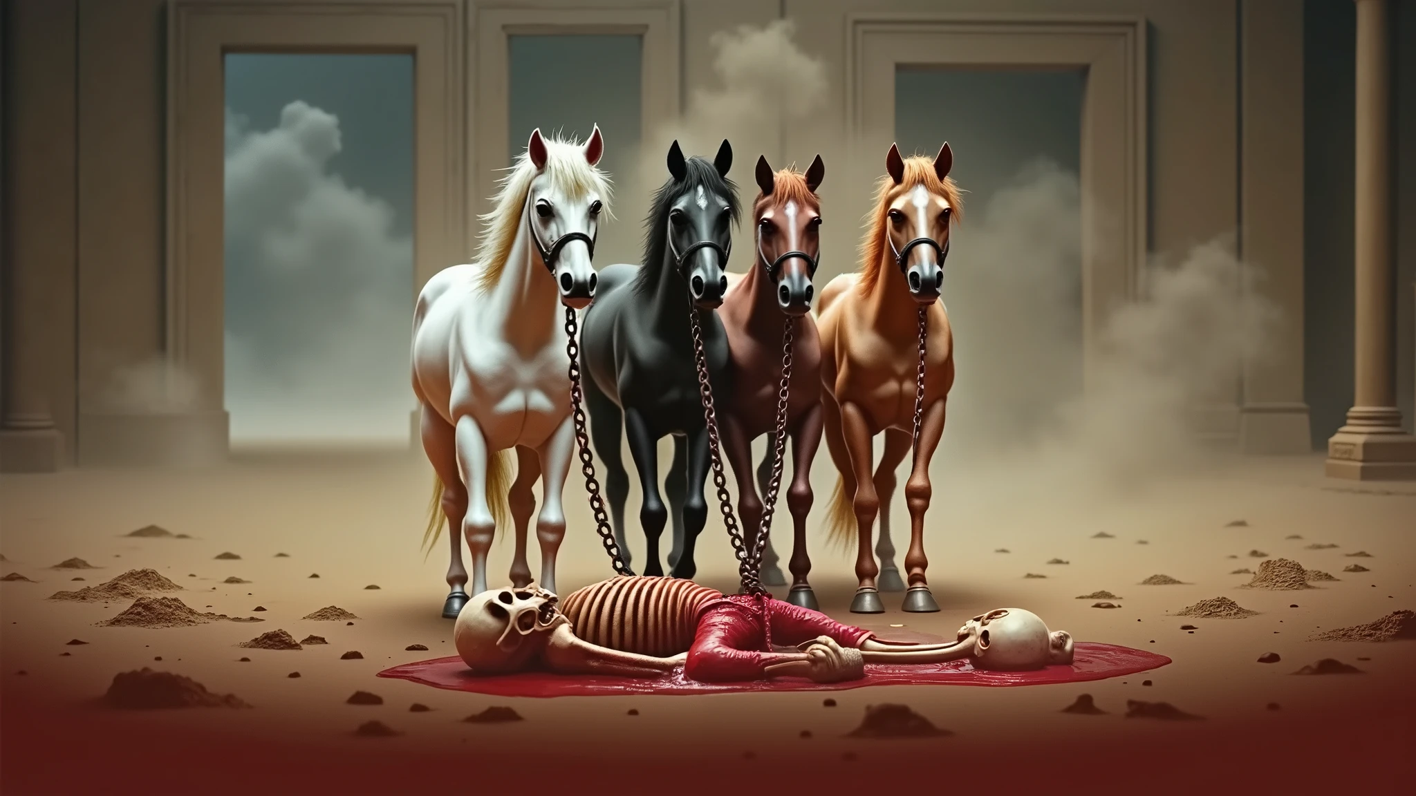 four horses dragging thick chains, in ancient Greece, mythological, cinematic, dramatic. The horses are colored white, black, chestnut, and caramel. a warrior skeleton lying on the ground in flesh, blood, guts. bloody skeleton with guts hanging out. perfect anatomy, skull, bones. puddles of water and blood.