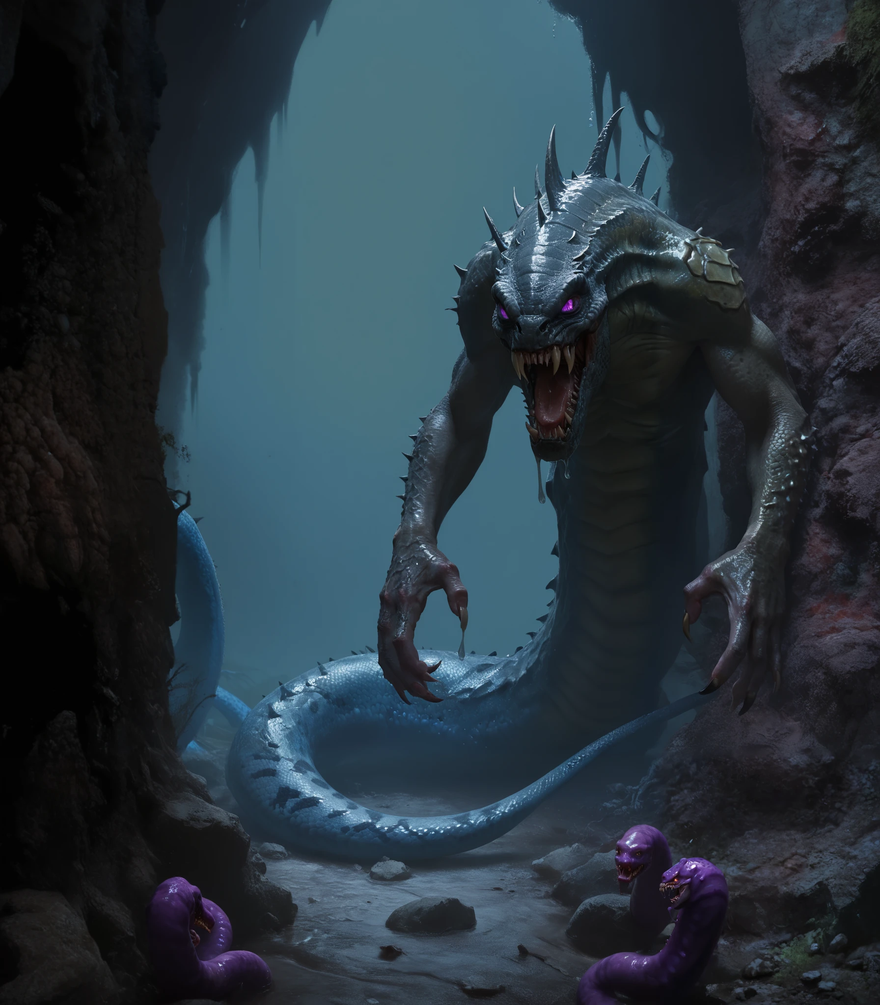 deadly subterranean creature, snake body, human-like arms, no legs, sharp fangs, mandibles, claws, spines, purple eyes, drool, slime, serrated,
