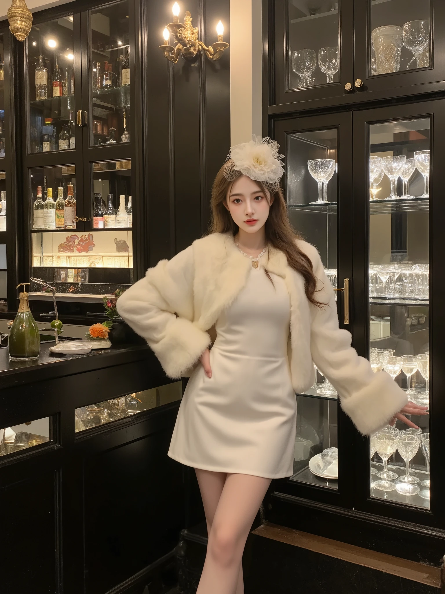 "A sophisticated woman in an elegant, white fur-trimmed coat dress with a fitted waist and flared hem, standing gracefully in a luxurious bar setting. The coat features plush fur on the collar and cuffs, giving a regal and vintage appeal. She wears sheer white stockings and delicate high heels. Her accessories include a chic white fascinator hat adorned with a subtle veil and a large flower. Her long hair is styled in soft waves, cascading elegantly. The backdrop includes glass cabinets filled with sparkling wine glasses, warm golden lighting, and a black polished counter, creating an ambiance of opulence and vintage glamour. --v 5 --ar 3:4 --q 2 --style 4c"
