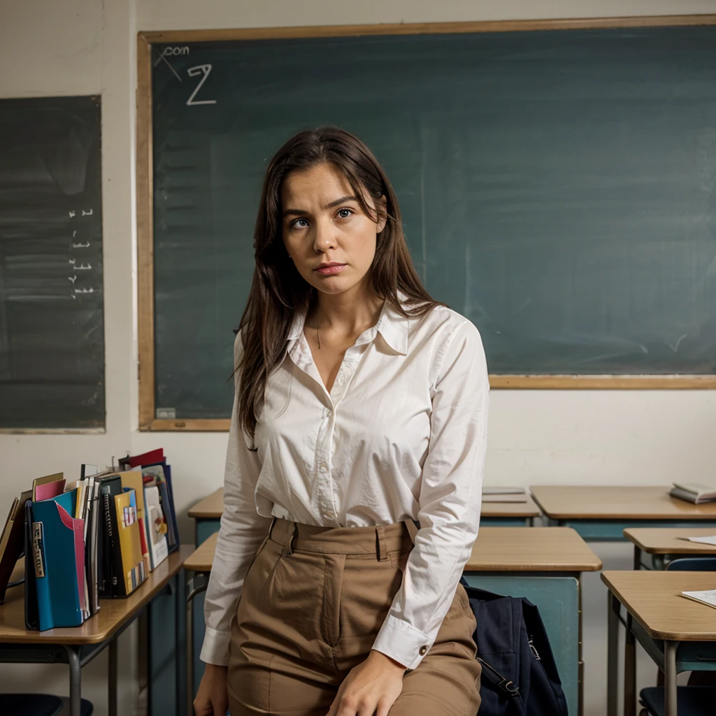 Photo of a stunning Greek woman with tousled hair, flirty, sits in the classroom, drawing on a blackboard, Short navy blue skirt, unbuttoned white blouse, messy bun, Camera Above, voyeur, intimate, Warm glow on her face and body, computer, Concentrated, skin and black hair, highly detailed skin, Partially nude. cinematic 4k epic detailed 4k epic detailed photo, снятое на Kodak подробное кинематографическое hbo dark moody, 35mm photography, grainy, vignette, Vintage, codachrome, lomography, colored, very detailed, found footage