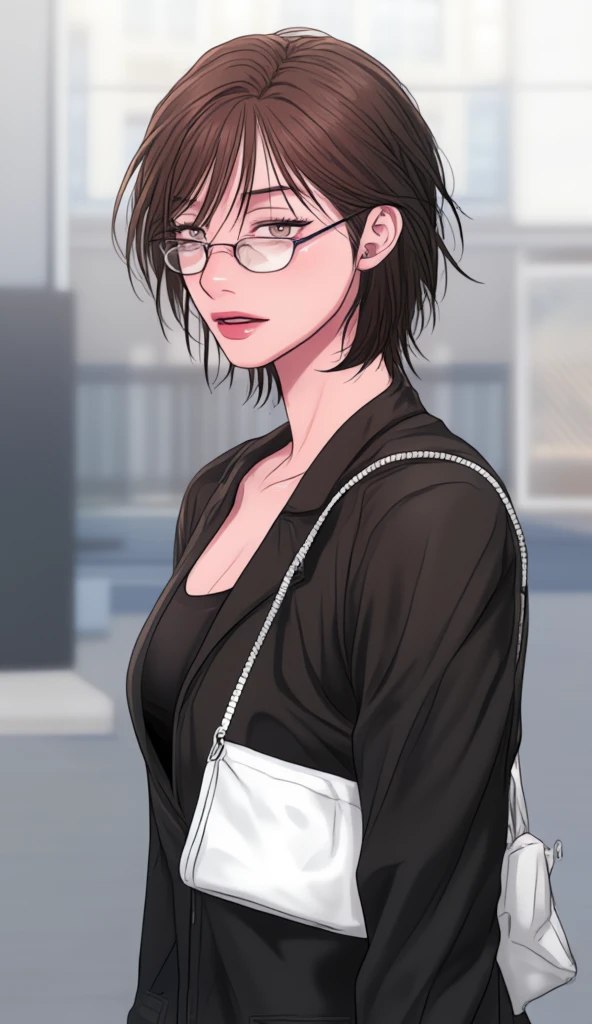 masterpiece, best quality, 1girl, solo, <lora:LitchiV2-768-14:0.8>, litchi faye ling, purple eyes, glasses, ponytail, black hair, hair ornament, medium breasts, standing, teasing, jeans, curvy, labcoat, scientist, doctor, city, street, outdoors. tight pants, shirt, mature female, assertive female,