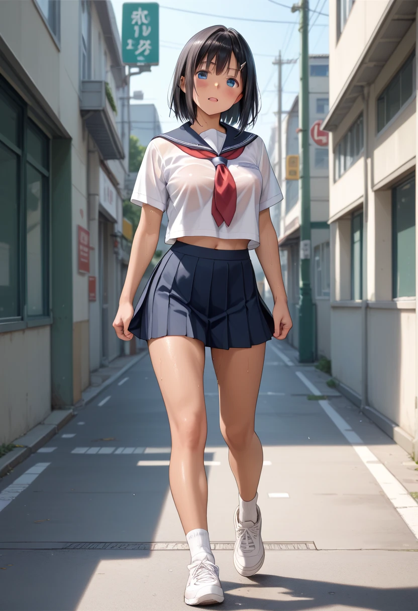 masterpiece, Highest quality, High resolution, Absurd, Headband、 Anatomically correct , cute,In the hustle and bustle of the city、crowd,crowd,Everyone&#39;s attention、 Black Hair, short hair , 1 girl、NUDE、anime、Small breasts、slender、Nice ass、Completely naked、Embarrassed、Red cheeks、Facing forward