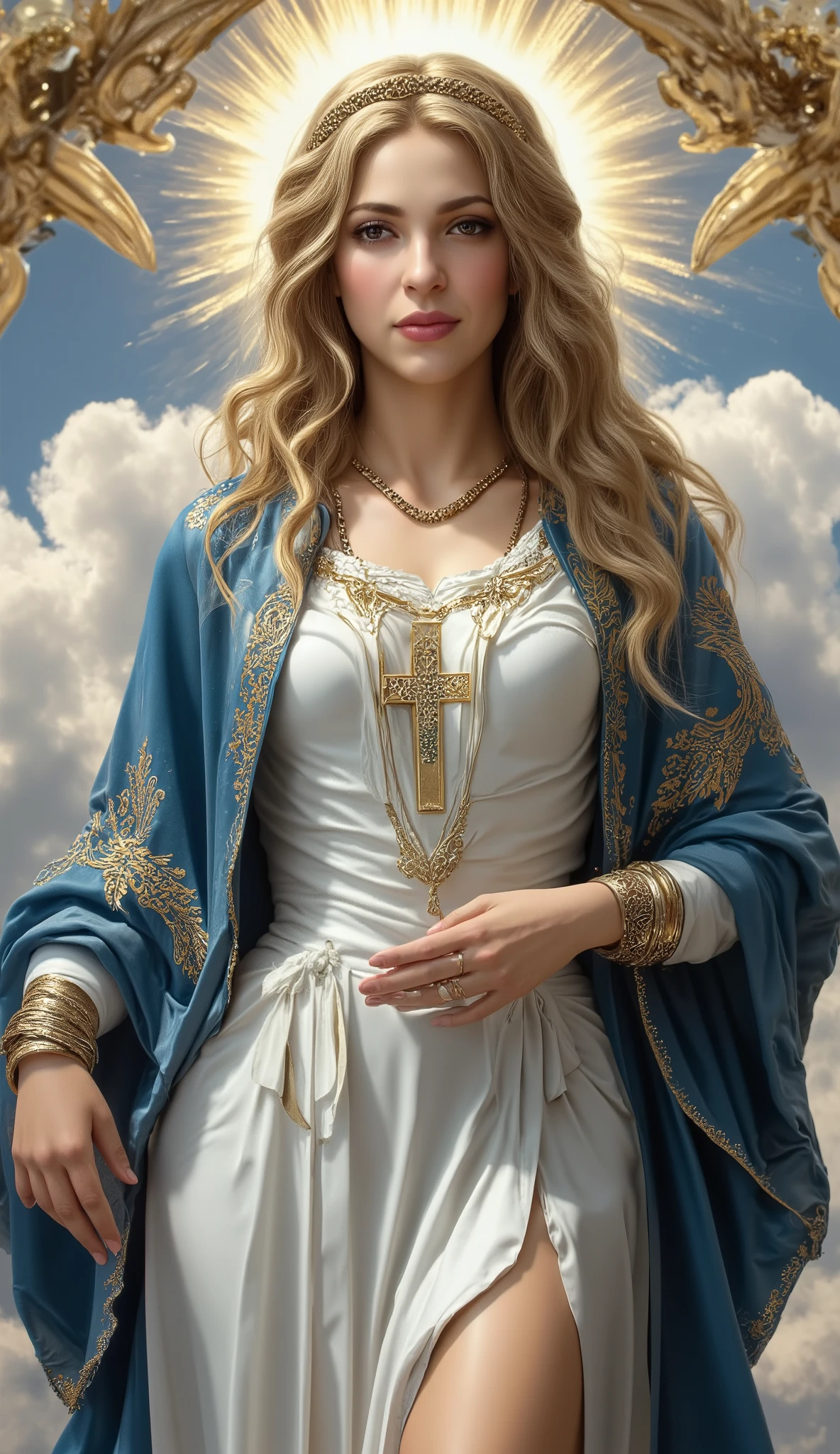 photorealistic photograph of the Virgin Mary, portrayed as a beautiful woman, with delicate and symmetrical facial features, soft and realistic skin with visible textures, celestial lighting highlighting her face. Her facial expression shows satisfaction, sensuality, and a hint of flirtation, with her gaze fixed directly at the viewer, creating an intense connection. She wears a traditional blue mantle of the Virgin Mary, but with a modern and elegant design: with golden embroidery and shiny details that reflect the light. The fabric of the mantle flows gently, creating an ethereal and angelic effect. The dress is white, fitted, and features translucent details that add a touch of sophistication WITH A DEEP V NECKLINE that shows her cleveage. Around her neck, she wears a beautiful golden necklace with a detailed and shiny religious cross, which falls right in the center of her chest, emphasizing its position and adding a touch of elegance and symbolism. The background is a celestial sky with golden clouds and divine light rays illuminating the scene, creating a sacred and mystical atmosphere. Around her, there are small and delicate cherubs, with shiny wings and realistic details, floating in the air. The image has ultra-high resolution, with sharp details in the skin, hair, fabrics, and necklace, and a soft yet vibrant color palette dominated by shades of blue, gold, and white. Photorealistic style, inspired by the finest religious artwork but with a modern and sensual approach. big breasts, hourglass figure, keep the exact face and hair details of the selected LoRA