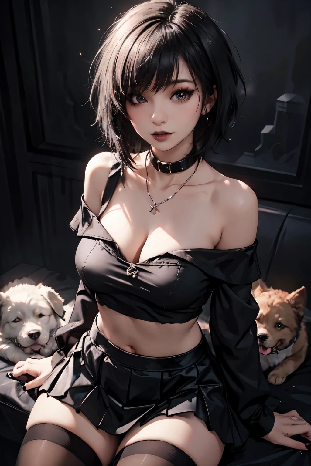 Girl, woman, emo_hairstyle, black lipstick, dog collar, eyeliner, eye shadow, smoky eyes, realistic lighting, short hair, cleavage, sweater, standing up, off shoulder, strapless, shiny skin, all fours, arched back, big breast, short skirt.