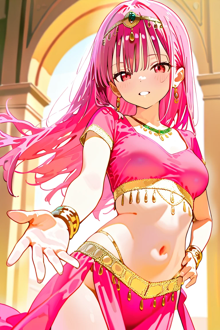 A smug narcissistic pink haired woman wearing a pink bra and blue pants and lots of jewelry flaunting herself 