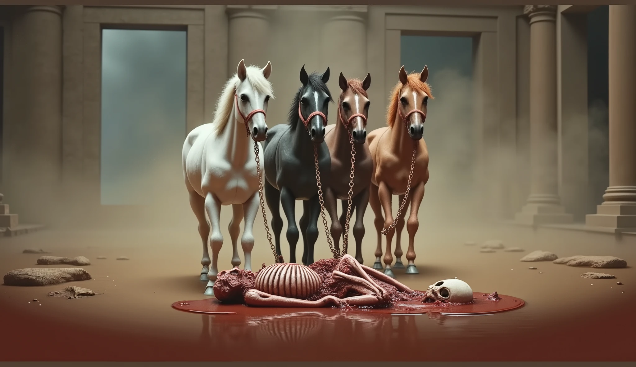 four horses, in ancient Greece, cinematic, dramatic. The horses are colored white, black, chestnut and caramel. a skeleton lying in water and blood. bloody skeleton with guts hanging out. perfect anatomy, skull, bones. puddles of water and blood.