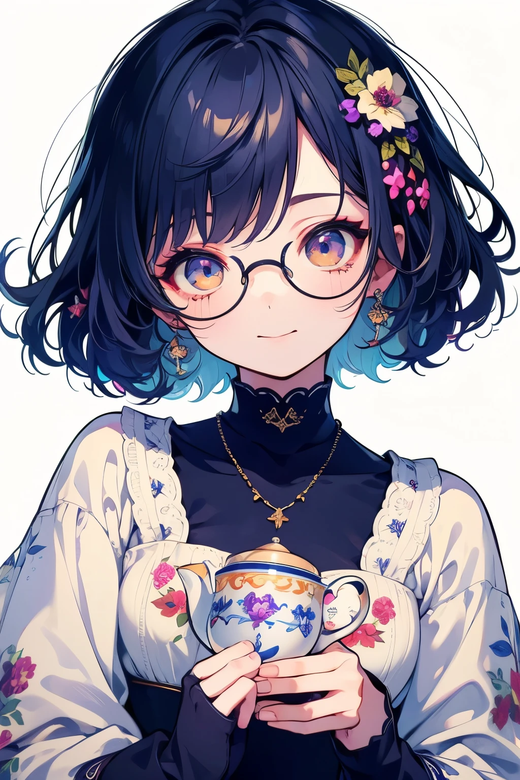 (( top quality)), (( Masterpiece)), ( Details), wallpaper、Very Details 、(((Very Details な目と顔)))、 Masterpiece、 top quality、 To Details、Glasses、 Movement angle 、 bright color、smile、whole body、 face the audience offering tea。、 short hair、Blue Hair Color、 curly hair 、Delicate fingertips、 black and purple turtleneck、 bright color,, dynamic, beautiful eyes, There is a person has a white background facing the front