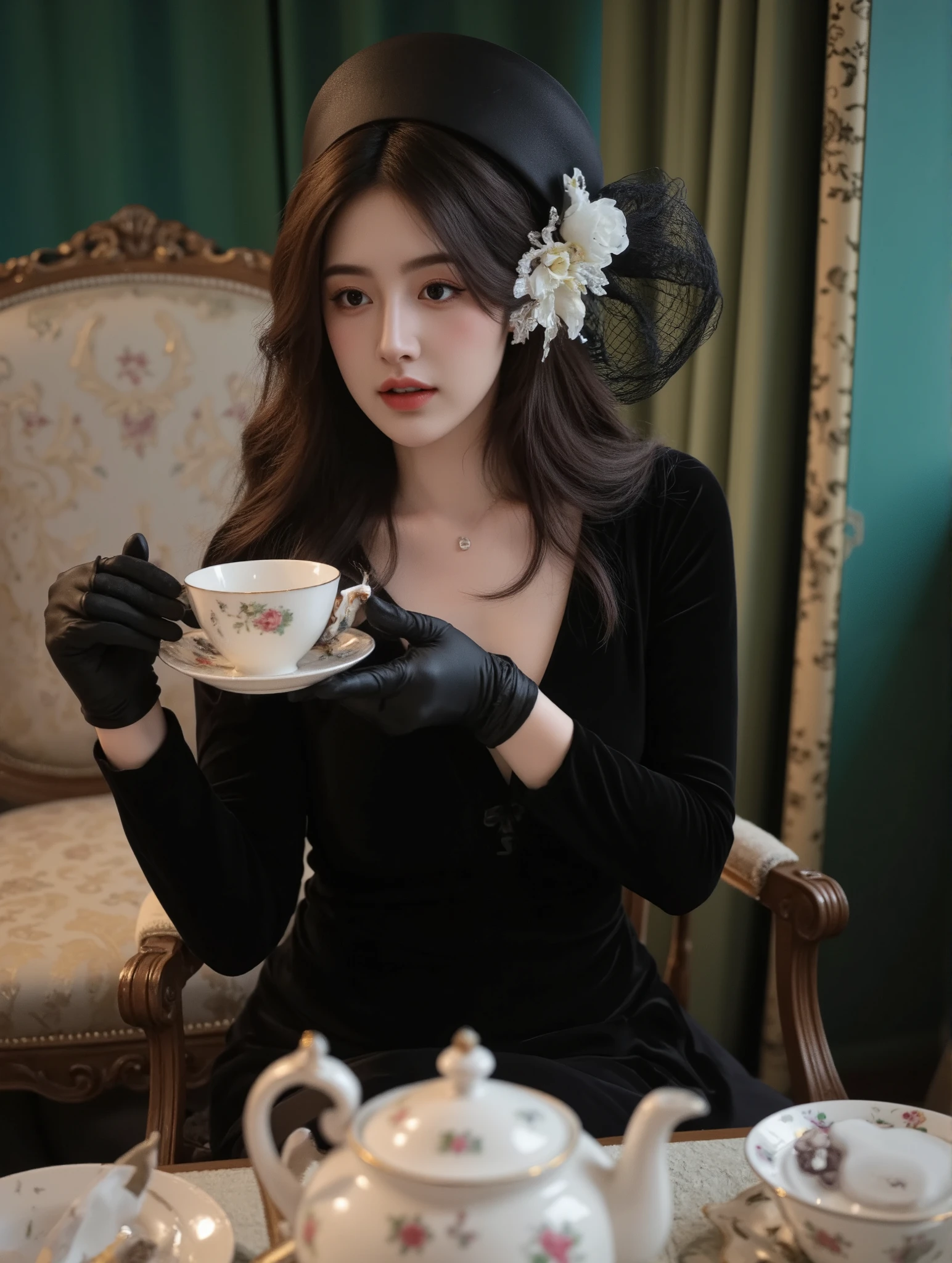 "A woman sitting elegantly at a vintage tea table, holding a delicate porcelain teacup with black satin gloves. She is wearing a long, black velvet dress with a deep neckline, exuding a timeless, classic allure. Her accessories include a wide-brimmed black hat with a floral white brooch and a sheer black veil draping over her face, adding an air of mystery. Her hair is styled in soft, voluminous waves. The setting is an opulent vintage tea room with rich green curtains, antique furniture, and fine china on the table, evoking a mood of nostalgia and sophistication. The lighting is warm and dim, enhancing the dramatic and elegant atmosphere. --v 5 --ar 3:4 --q 2 --style 4c"