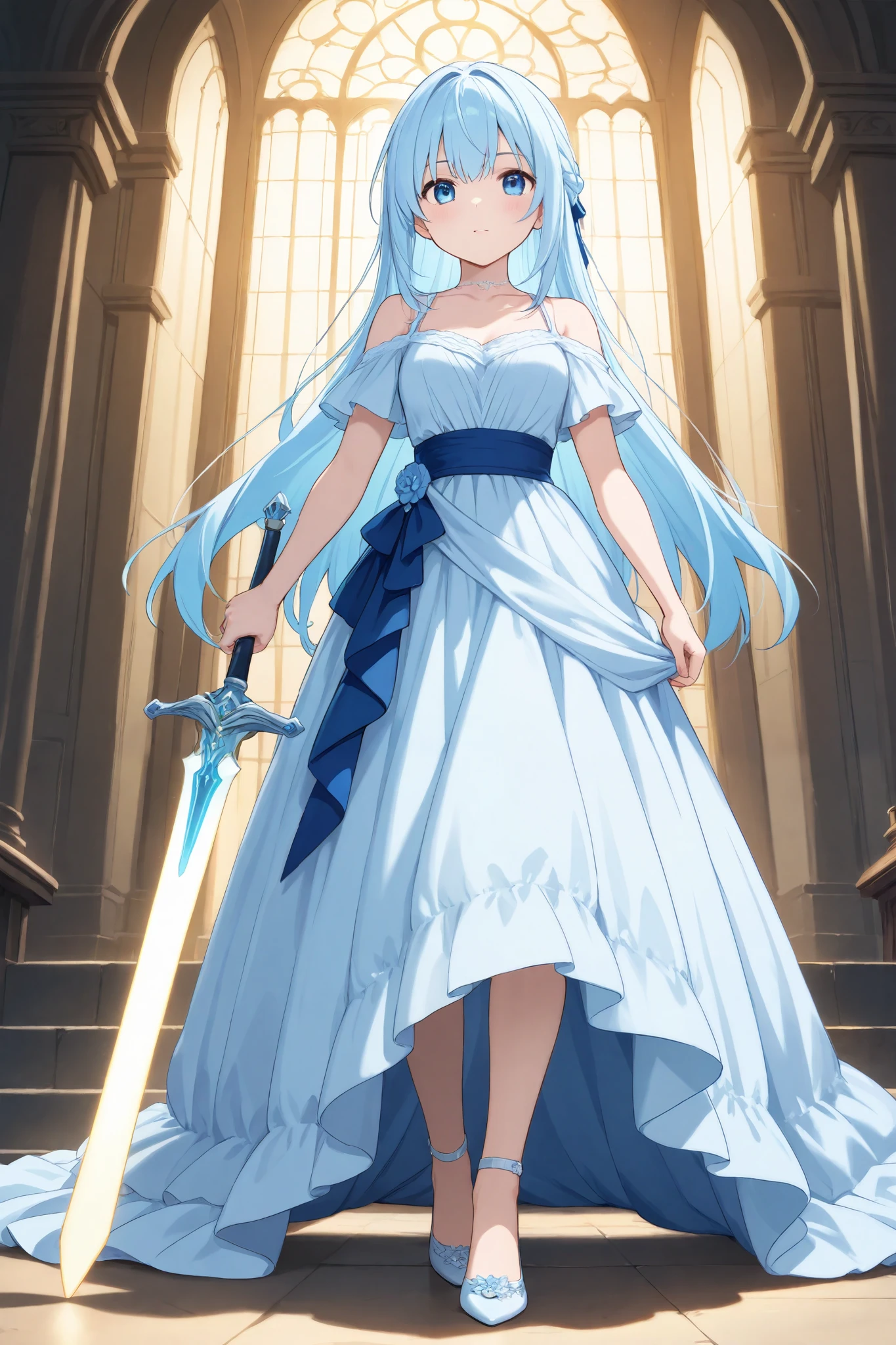 Long light blue hair , A girl with blue eyes has a pretty appearance, an unclothed dress, and an attractive sword,anime, cool,Sexiness 