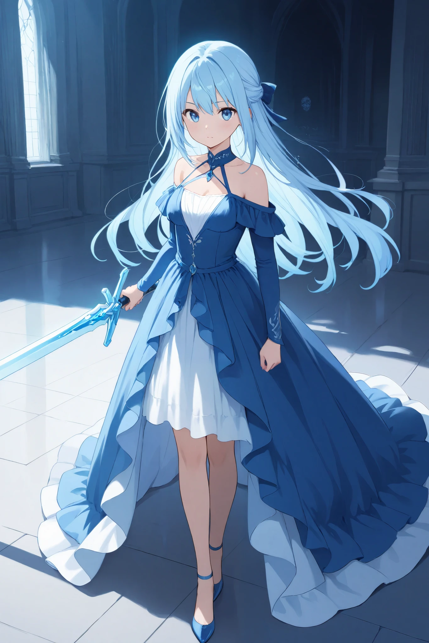 Long light blue hair , A girl with blue eyes has a pretty appearance, an unclothed dress, and an attractive sword,anime, cool,Sexiness,pretty