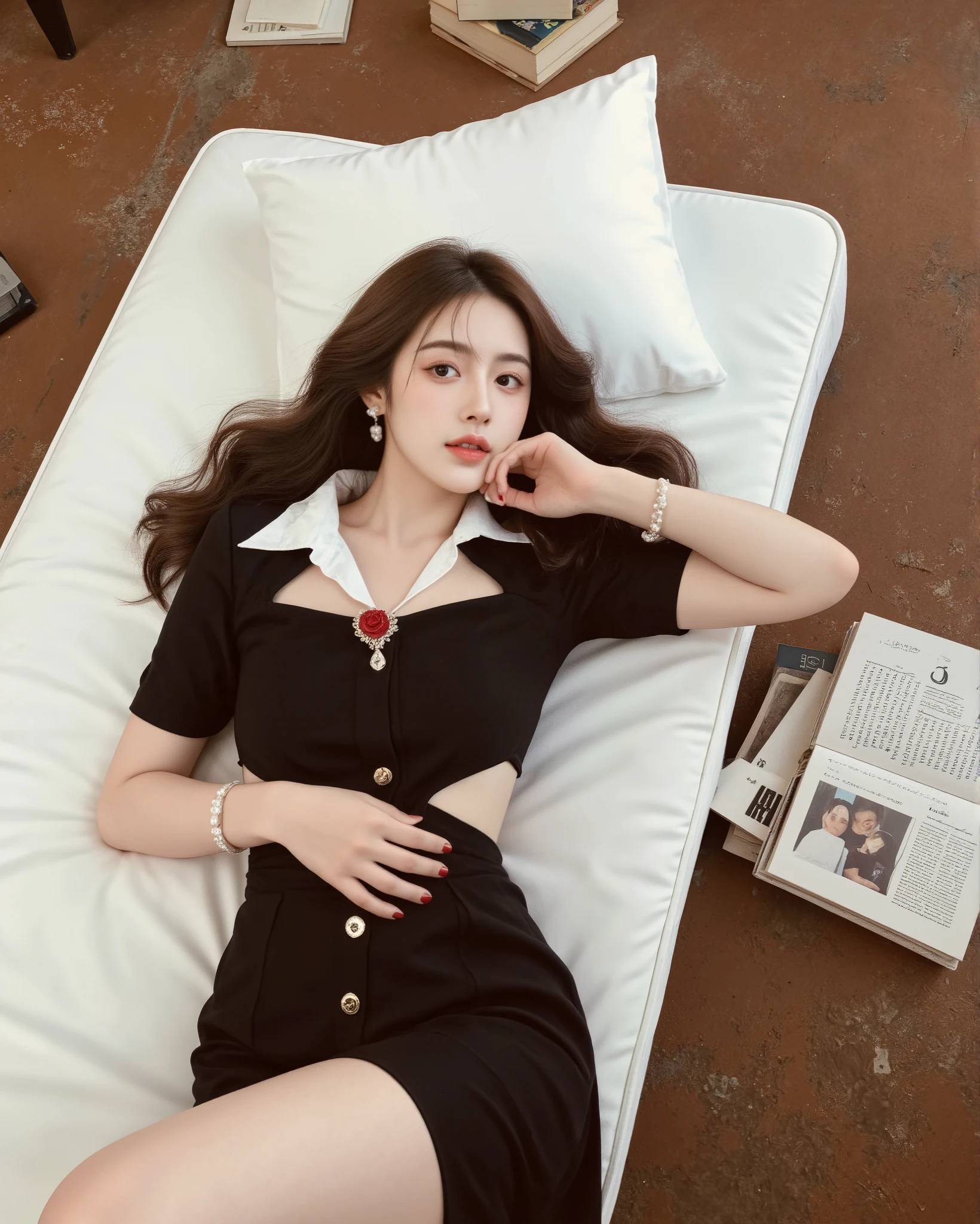 "A young woman lying gracefully on a minimalist white mattress on a rustic brown floor. She is wearing a chic black dress with a fitted silhouette, short sleeves, and white angular collar details. The dress features unique cut-outs at the waist, accentuating her figure, and is adorned with gold diamond-shaped buttons running down the front. A red rose brooch is pinned near the collar, adding a touch of elegance. She accessorizes with pearl drop earrings and a layered pearl bracelet on her right wrist. Her long, wavy brown hair cascades freely around her, framing her face. She poses with her left hand resting near her mouth in a thoughtful, relaxed manner. The background includes scattered books with minimalistic covers, enhancing the artistic and casual ambiance. The lighting is soft and natural, giving the scene a warm, vintage aesthetic. --v 5 --ar 3:4 --q 2 --style 4c"