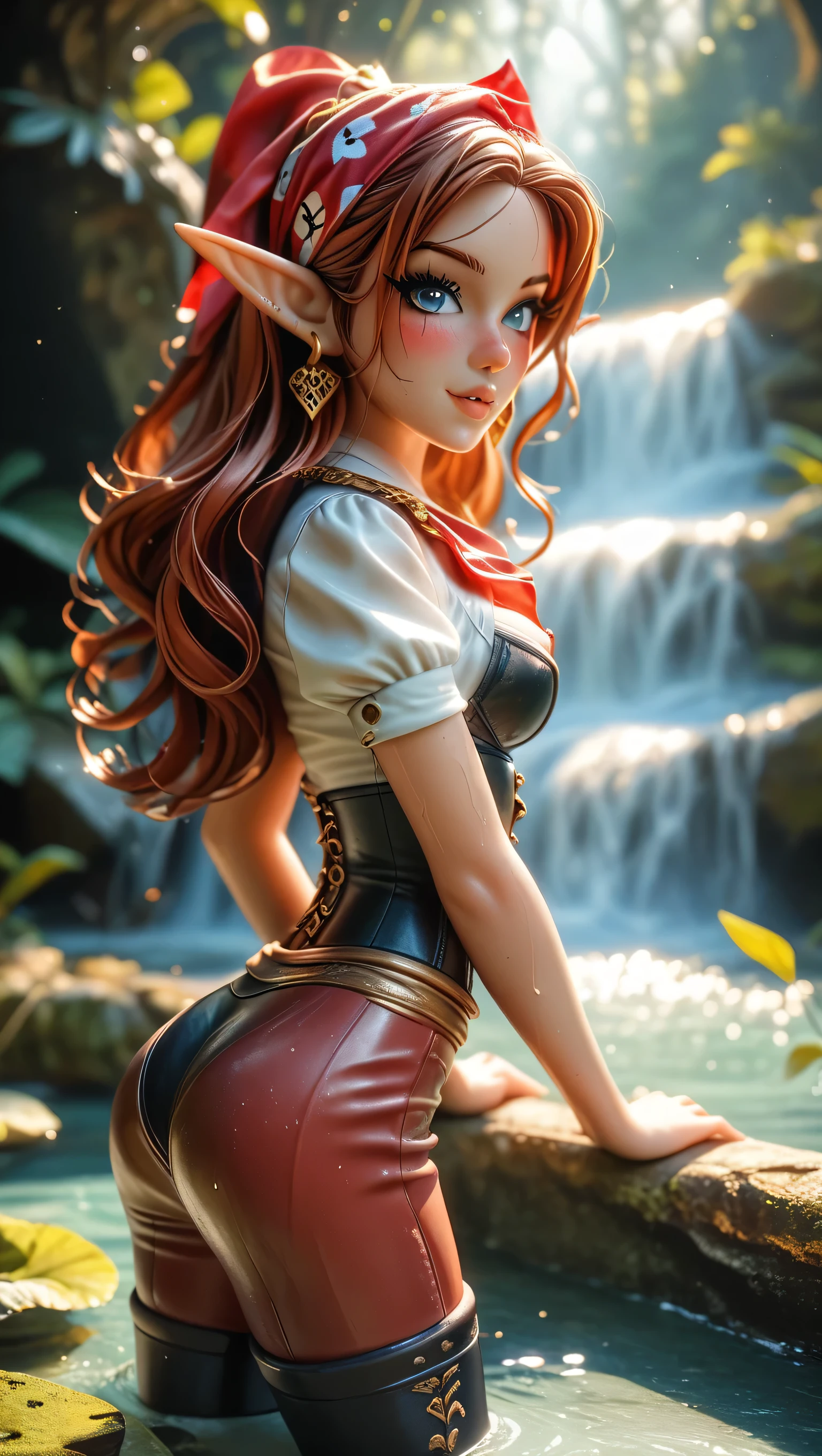 Masterpiece, Dainty elf adventurer , long auburn hair , black eyes with mascara, elegant suggestive pose shows the perfect shape of her butt, Figure of a dancer , small teardrop shaped breasts , slightly opened plumped lips, sweaty, looking back, (( tight-fitting red fabric pants)) , figure-hugging brown leather corset , white open shirt, high brown leather boots , Blush, in love, ((red pirate bandana )) , gold earrings, underbooty view, HD, octane render, hyperrealism, cinematic light, mystical mossy forest glade with a waterfall and a lake in the background