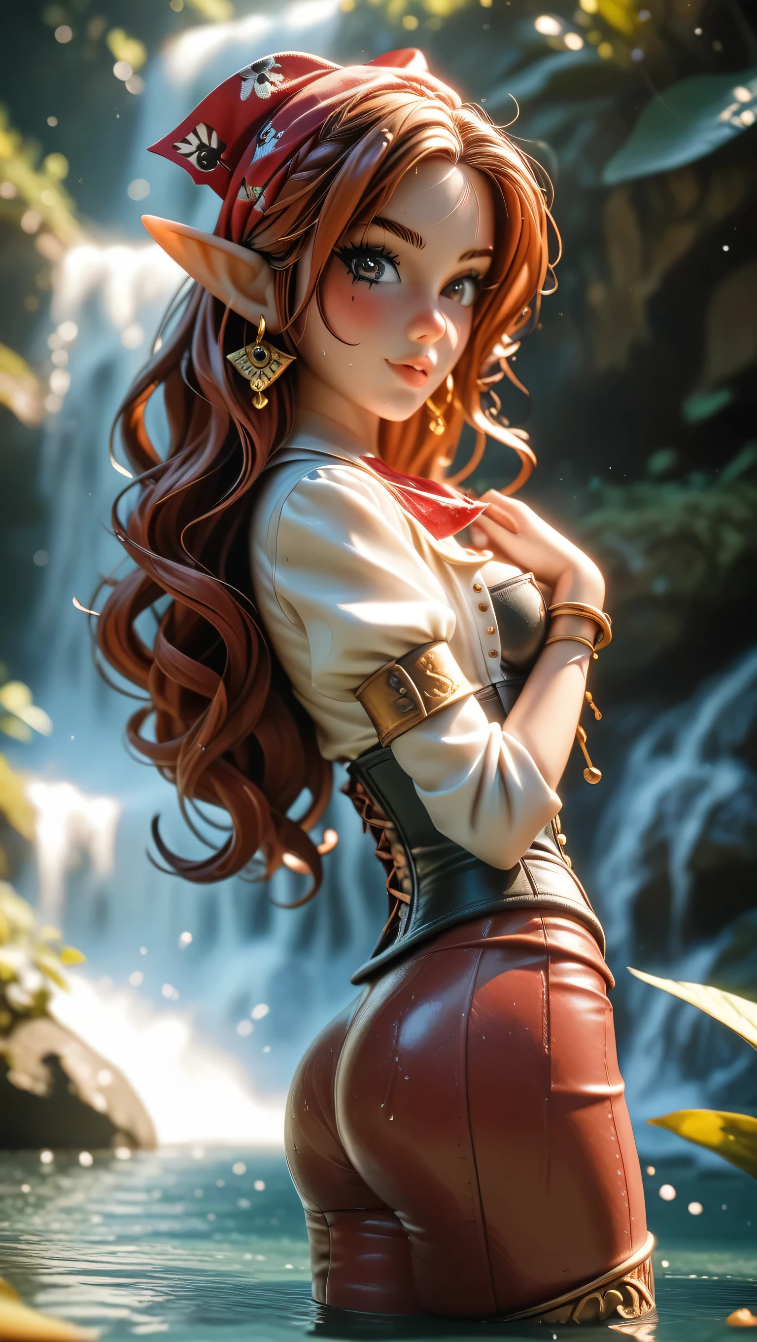 Masterpiece, Dainty elf adventurer , long auburn hair , black eyes with mascara, elegant suggestive pose shows the perfect shape of her butt, Figure of a dancer , small teardrop shaped breasts , slightly opened plumped lips, sweaty, looking back, (( tight-fitting red fabric pants)) , figure-hugging brown leather corset , white open shirt, high brown leather boots , Blush, in love, ((red pirate bandana )) , gold earrings, underbooty view, HD, octane render, hyperrealism, cinematic light, mystical mossy forest glade with a waterfall and a lake in the background