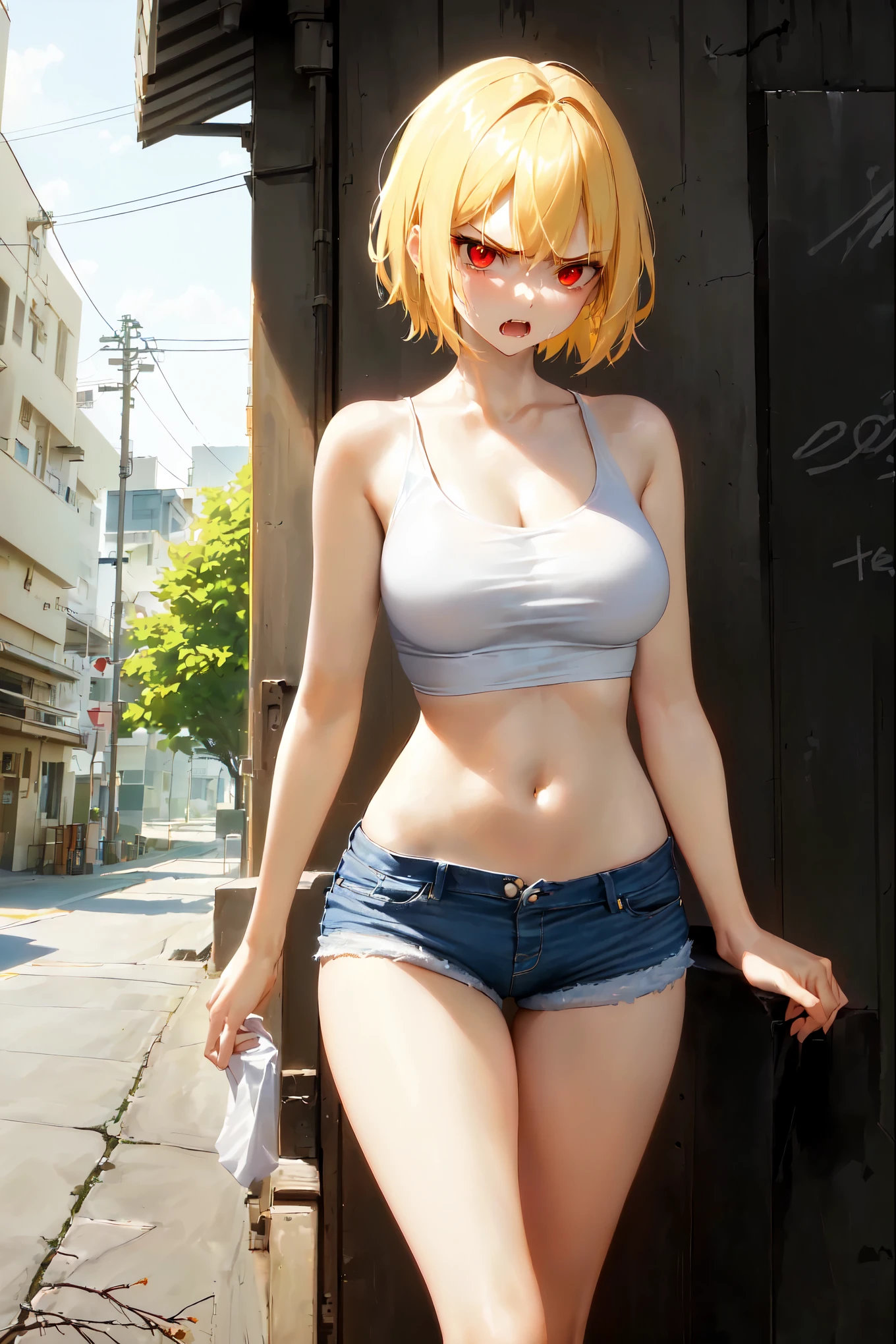 ((1girl)), one beautiful girl, detailed beautiful hair, detailed beautiful eyes, short blonde hair, glasses, black bikini top, jean shorts, standing, dramatic pose, cowboy shot, cinematic lighting, dramatic lighting,