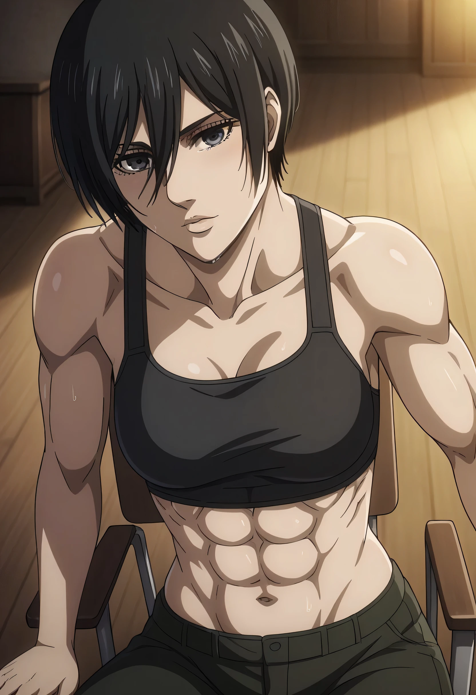 score_9, score_8_up, score_7_up, BREAK source_anime, mikasa ackrman, grey eyes, black hair, short hair, medium breasts,Mikasa wreanig black tight sport Elastic fiber bra and green loose military trousers,mikasa with good looking body,perfect lighting,mikasa final season design,mikasa mappa version,sitting on chair, Perfect generation,mikasa boy hairstyle,mikasa season 4 version,attack on titan graphics,in night,HD wallpaper,perfect colors,pixie cut hairstyle,contemplative face,,wet body,mikasa flat stomach,mikasa only six-pack,normal body size,anime style,tone six-pack,attack on titan season 4 style,upper body,close review to character,bra design as tank top, mikasa handsome face,in bedroom,light trun off in room,mikasa in room,solo,2girl, serratus anterior muscles,Qblique muscles,female navel,female power attractiveness,looking at above,view from above,mikasa both hands hold a viewer waist , soft white hands in mikasa shoulders indicates that viewer is beautiful girl,romantic theme,pov from viewer,viewer hands indicates that viewer is soft girl don't have a any muscles,mikasa look at viewer from above,perfect shadows on character,matching colors generates,cloths on modern style,