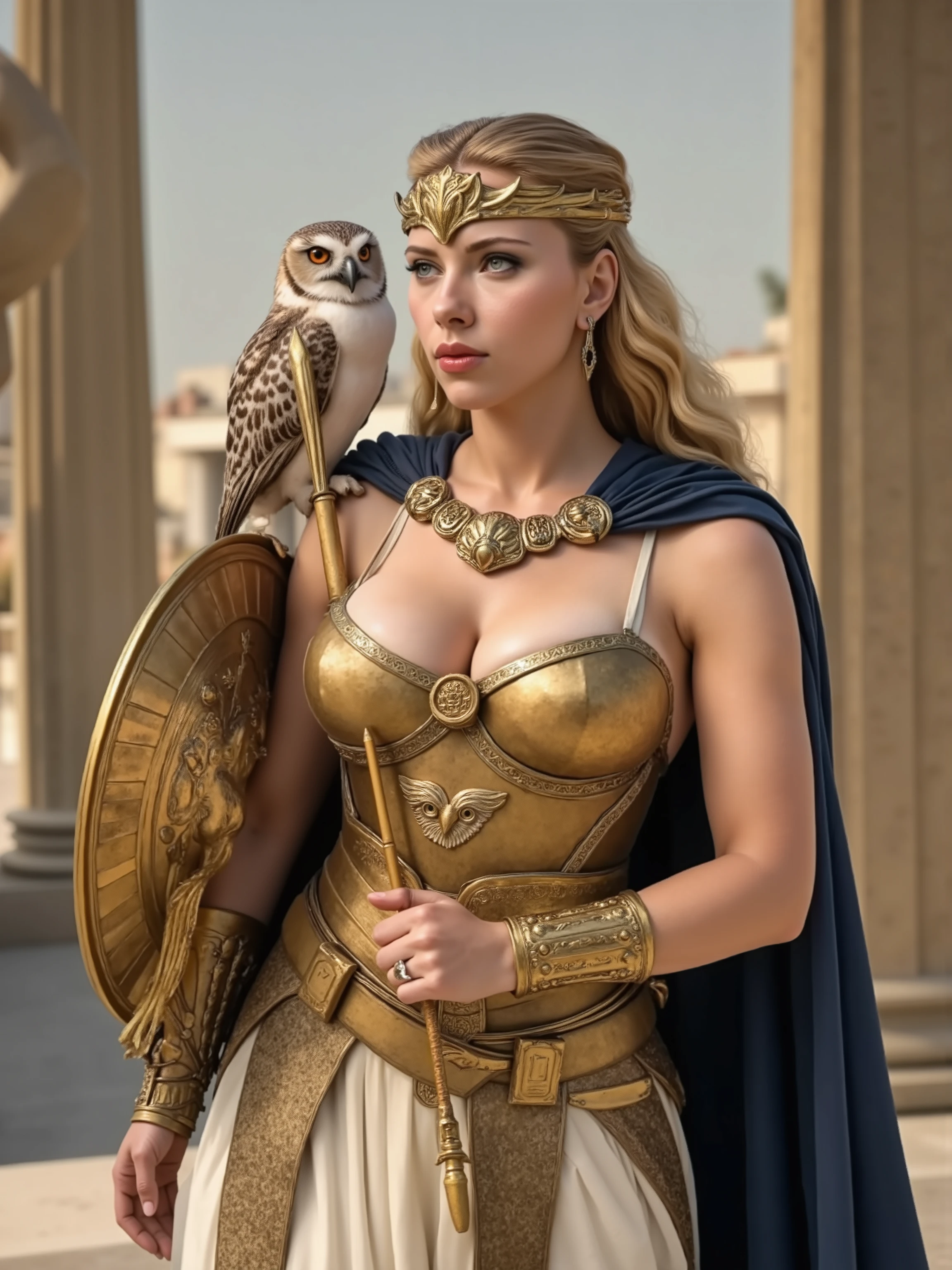 full-body shot Scarlett Johansson reimagined as a majestic hot and gorgeous Greek goddess Athena walking and holding golden scepter、1 female、 full figure, full body, cleavage,
piercing gray eyes filled with wisdom and determination. Her strong, defined features are framed by long, wavy golden-blonde hair, partially pulled back under a gleaming golden helm adorned with an intricate owl motif, symbolizing her intelligence and strategy.
She wears a flowing white tunic made of fine linen, layered beneath a polished golden breastplate engraved with intricate depictions of battles and olive branches. A long, dark blue cloak trimmed with gold drapes over her shoulders, fastened with a circular brooch featuring the head of Medusa. Her arms are protected by ornate gold bracers, and a wide, engraved gold belt encircles her waist. In her left hand, she holds a large round shield decorated with a lifelike Gorgon’s face, while in her right hand, she grips a long, elegant spear with a sharp, gleaming tip. A wise, watchful owl, her sacred animal, perches on her shoulder, its amber eyes alert.
big 、 alluring 、shows her female character's full figure, athletic body, perfect face, full body, extremely beautiful, goddess, female shape, perfect , The background showcases A majestic temple courtyard with tall marble columns, ancient olive trees, and carved stone statues, overlooking a bustling ancient city under a clear, sunlit sky, photorealistic, masterpiece, realistic, high contrast, 8k, HD, high definition detailed, detailed, hyper detailed, realistic skin texture, best quality, ultra high resolution, hyper realistic, no text, very detailed eyes, dramatic lighting