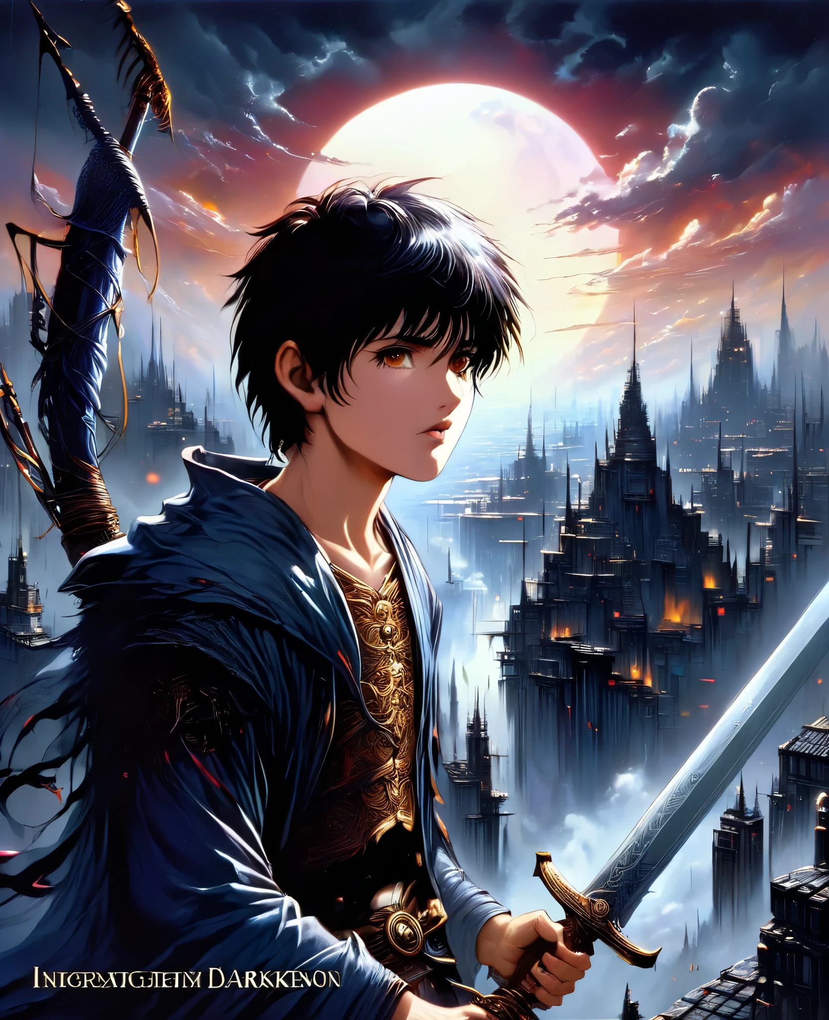 20 years of age , Young , black hair , Dark style , scenario dark , View of the dark city