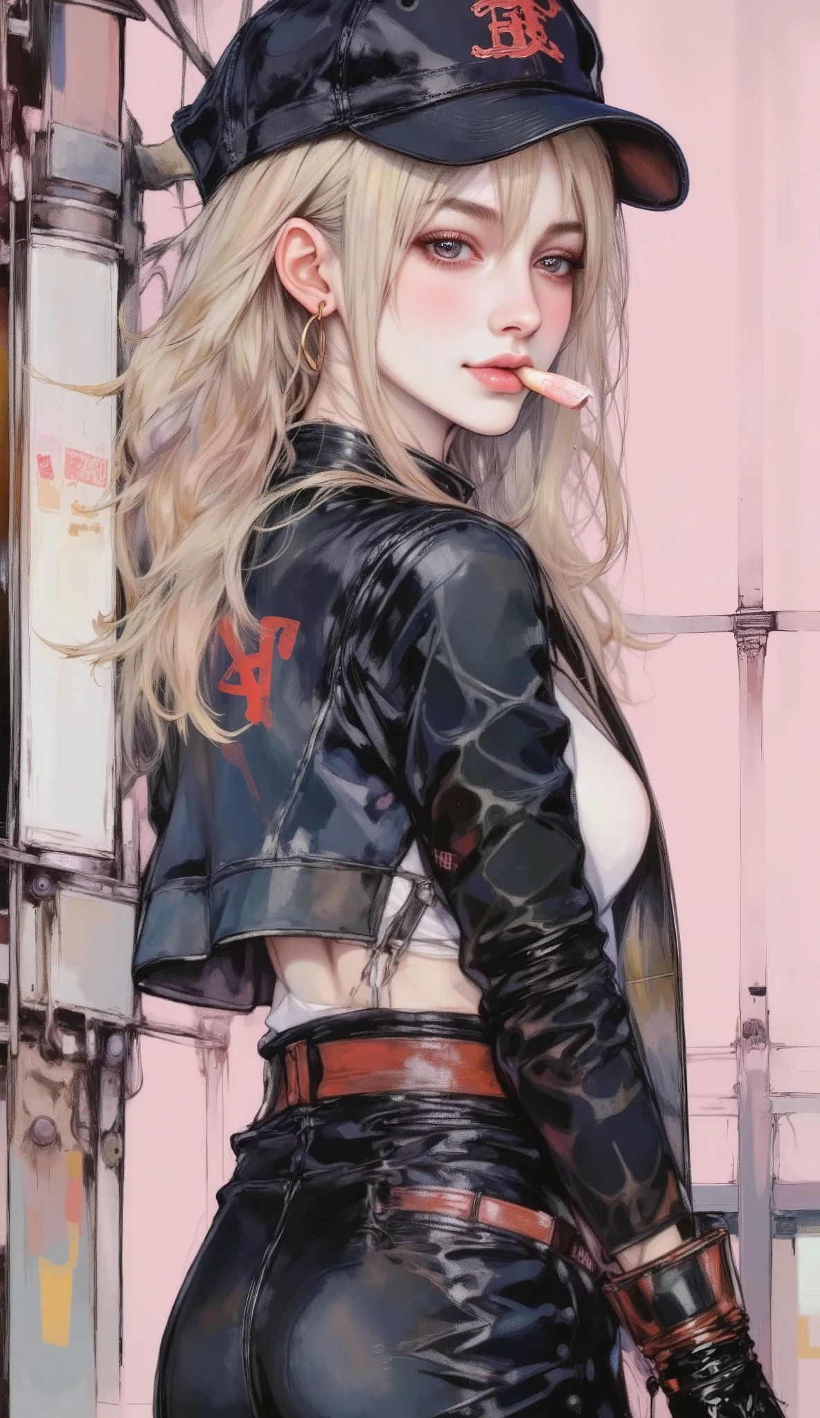 anime girl with blond hair and a baseball cap eating a candy, she is in profile and looks at the camera with a complicit look , wears a black leather jacket with a raised collar of the jacket , with letters in red and white , a black leather skirt with a wide red and white belt , Top blanco, collar, earrings with rings , gloves with her bare fingers , soft pink background ,cyberpunk anime art, cyberpunk anime, cyberpunk anime girl, digital cyberpunk anime art, female cyberpunk anime girl, Anime Style artwork , cyberpunk anime girl in hoodie, cyberpunk digital art - anime , cyberpunk urban clothing, cyberpunk art style, E - Chica, electronic girl , artwork in the style of Guweiz