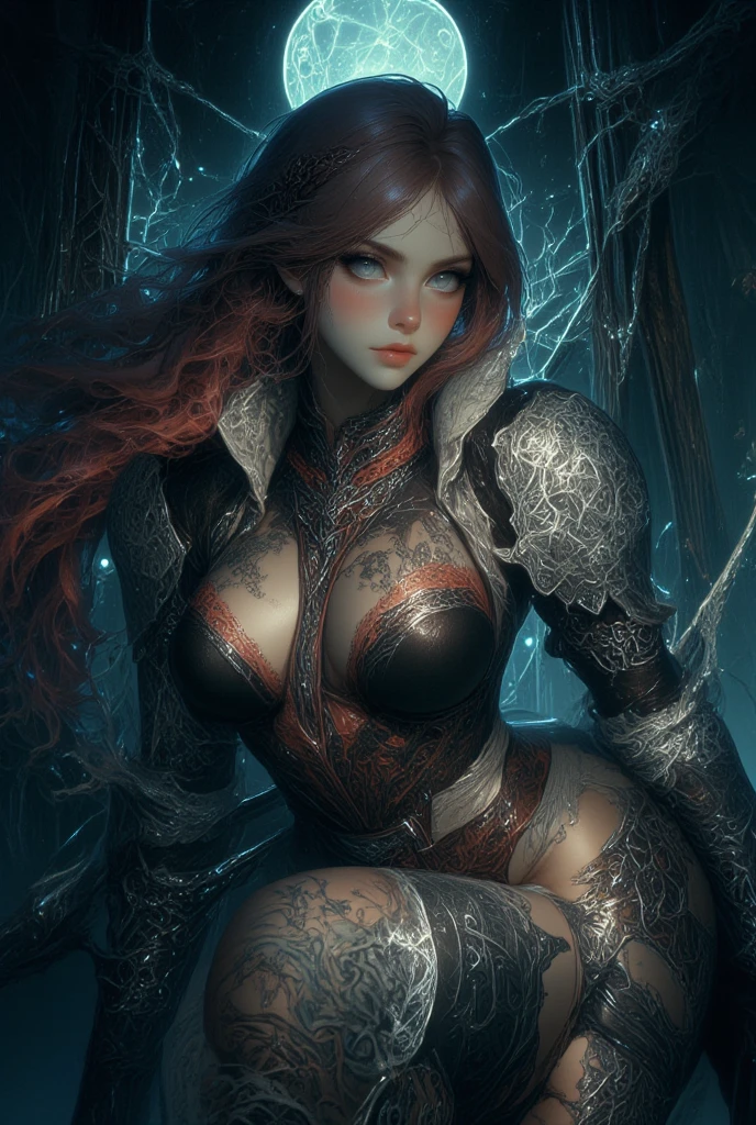 Una imagen Hyperrealista, desde arriba, ((beautiful dark elf warrior, woman, white very long hair, red eyes, pale body, neckline, dynamic view, running into the battle with fury, holding a dark magic sword. black and purple steam aura, black armor with spikes. burning forest at the background, raytraced, viento, paisaje desolador y de batalla, (aesthetics and atmosphere:1.2), poder, enojada, vengativa, ojos brillantes rojos como llamas, medio cuerpo. (foto cruda, mejor calidad), (realista, photo-realista:1.3), Obra maestra, un extremadamente perfecto y hermoso cuerpo tatuado totalmente, cuerpo palido extremadamente detallado, Best quality score, ultra dynamic view, close up, high view, dark atmosphere.