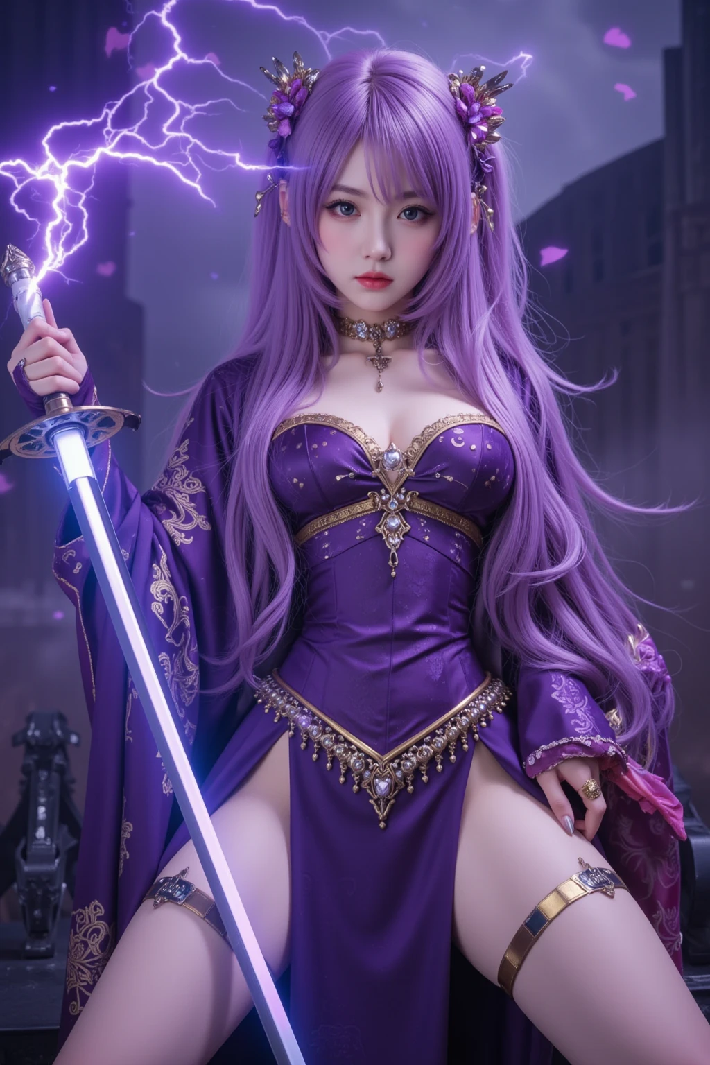 top-quality、masterpiece、超A high resolution、(Photorealsitic:1.4)、Raw photo、Detailed CG image quality、cyberpunked、Beautiful fece、1girl in、Dark hair, (Platinum Silver Accessories:1.4)、(Black wizard robe:1.4)、cleavage of the breast、(Thin Mirror Silver Latex Suit)、(Purple eyes:1.3), (radiant eyes), (Mystical powers:1.2), (Violent arc emanating from the fingers:1.4). detailed portrait、8K picture quality、bright colour、concept-art、Cinematic and dramatic atmosphere、foco nítido、Volumetric lighting、Cinematographic lighting、Wearing studio quality、(neon lighting)、depth of fields、Ambient lighting、Blurred foreground、blurry backround:1.3、(rainy evening:1.4), (Severe lightning strike:1.4),