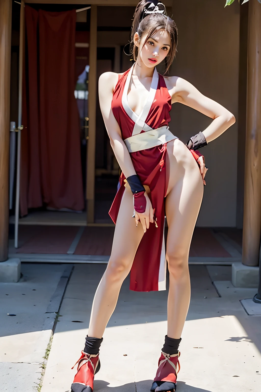 (mai shiranui:1.4), (tabi:1.4), (Full body:1.4), (Toe;1.3), (Realism), (master piece:1.2), (Best Quality), (ultra-detailliert), (8K, 4K, Convoluted), (Flat Lighting:1.2), (skinny), Prestige, Brown eyes, Long hair, brown eyes, long hair, brown hair, white ribbon, sleeveless, ponytail, sash, pelvic curtain, arm guards, gloves, tabi, fascinated expression, Sexy eyes, slim, medium breasts, Smile, Cute, view the viewer, Long hair, Close to Japan temple, (breasts focus:1.2), (Realistic:1.2), light Particle, Lighting, (Highly detailed:1.2), (Detailed face:1.2), (gradients), SFV, Colorful, (Detailed eyes:1.2), Detailed temples of Japan, Detailed background, (Dynamic Angle:1.2), Dynamic Pose, Wide Shot, Daylight, Solo.