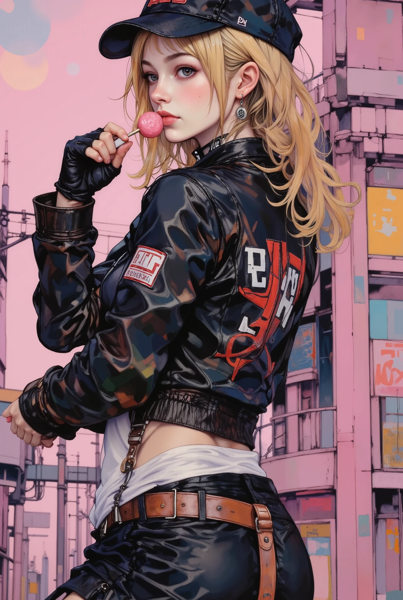 anime girl with blond hair and a baseball cap eating a candy, she is in profile and looks at the camera with a complicit look , wears a black leather jacket with a raised collar of the jacket , with letters in red and white , a black leather skirt with a wide red and white belt , Top blanco, collar, earrings with rings , gloves with her bare fingers , soft pink background ,cyberpunk anime art, cyberpunk anime, cyberpunk anime girl, digital cyberpunk anime art, female cyberpunk anime girl, Anime Style artwork , cyberpunk anime girl in hoodie, cyberpunk digital art - anime , cyberpunk urban clothing, cyberpunk art style, E - Chica, electronic girl , artwork in the style of Guweiz
