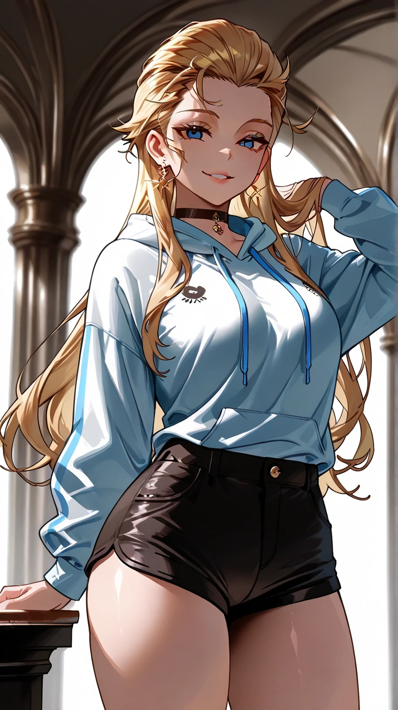 High resolution, Very detailed, perfect lighting, beautiful detailed eyes,   ((masterpiece,Best Quality)), absurdities, alone,     princess zelda, by the width, crown braid, Hair clip, pointy ears, pink shirt, long sleeves, Gloves without fingers, black gloves, Black pants, tight pants, smile, curves, nod,   ,  deep neckline, deep neckline, bare breasts, bare breasts, NSFW, visible nipples, visible nipples 
