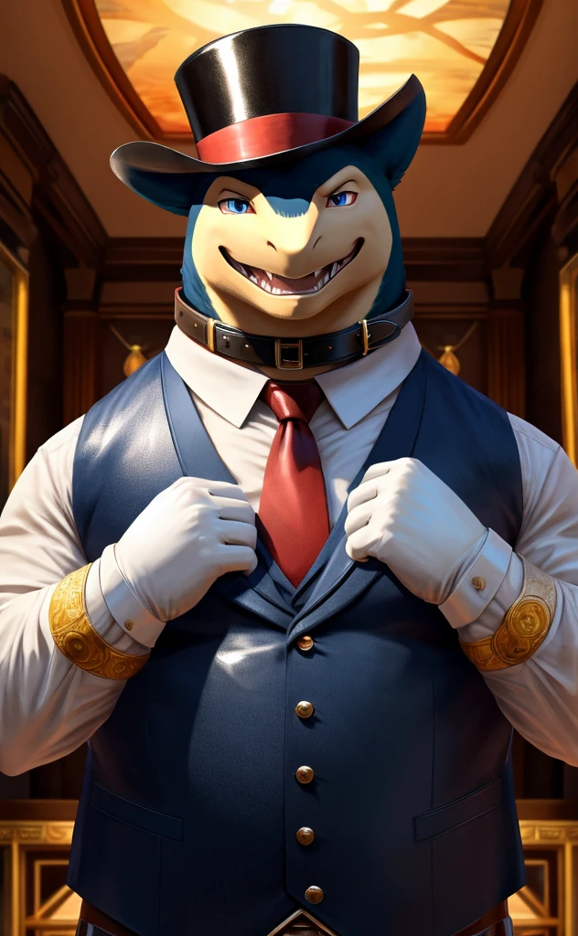 Solo, Male, close up, fat, musclegut, obese, steampunk, gentleman, dapper Typhlosion, blue eyes, wearing a big leather collar around his neck, (soft shading), 4k, hi res, ((detailed face, detailed)), looking at viewer, evil grin, collared shirt with buttons, top-hat, necktie, male focus, Tailor Uniform, steampunk attire, Vest with buttons, sleeves rolled up, dapper top-hat, dapper vest, Tailor, Tailor setting, leather collar is worn above the necktie, Typhlosion is wearing a glossy leather dog collar around the neck, Typhlosion is wearing the leather collar and shirt and vest at the same time, Typhlosion is wearing glossy white rubber gloves on the hands, wearing white rubber gloves on the feet, Typhlosion is wearing glossy white gloves with cufflinks, gloves are rubber in texture, laughing evilly, clenching teeth, big leather collar is glossy and shiny with a lot of detail, Typhlosion is wearing gloves and cufflinks at the same time, leather collar has a lot of detail, big leather collar is thick and detailed, rolled up sleeves, brown leather collar is visible and smooth, Typhlosion's big leather collar has only one buckle, brown leather collar is buckled in the center of the Typhlosion's neck, gloved hands, fancy top-hat, glossy top-hat, close up. (high quality,4k,8k,highres,masterpiece:1.2),ultra-detailed,(realistic,photorealistic,photo-realistic:1.37), masterpiece,(intricate details), captivating artwork, artistically rendered, masterful strokes, attention to detail, tasteful composition, alluring charm, careful shading, great attention to anatomy, meticulous rendering, impeccable craftsmanship, vivid colors, perfect balance between realism and fantasy.